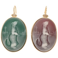 Pair of Agate Cameo, Diamond and Yellow Gold Earrings