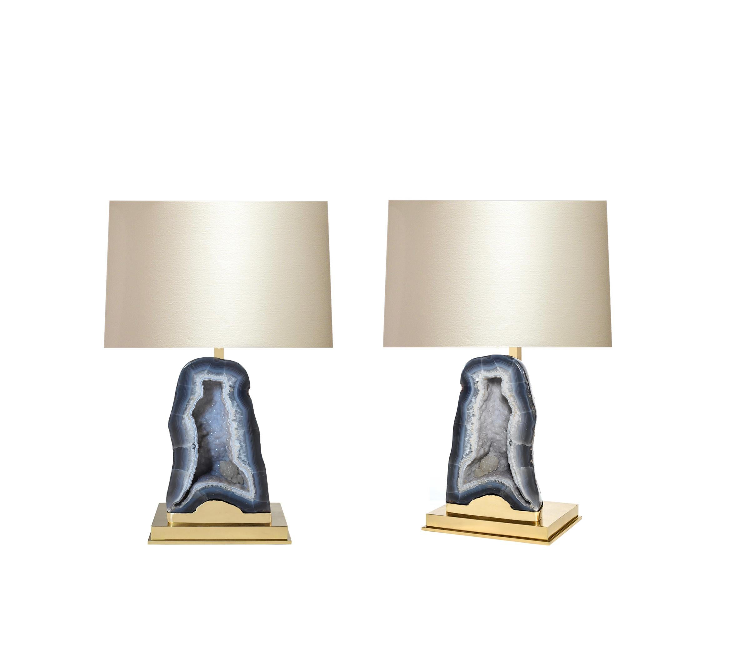 Pair of beautiful natural agates mount as lamps with custom polished brass bases.
To the top of agate: 10.5