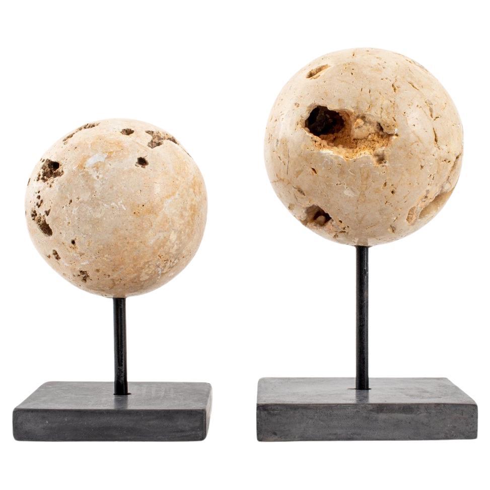 Pair of Agate Quartz Crystal Geode Spheres For Sale