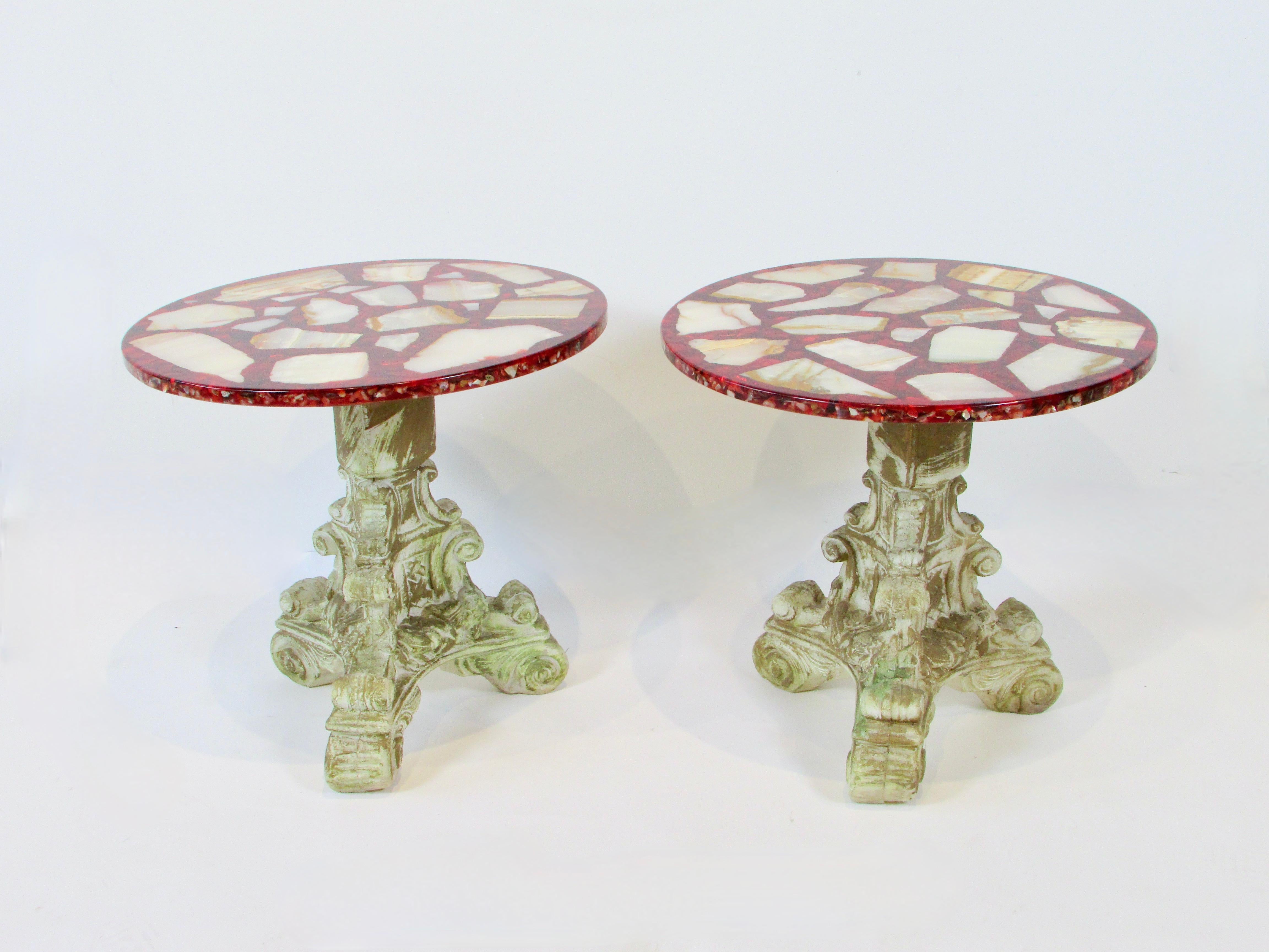 Cast Pair of Agate Stone in Ruby Red Resin Hollywood Regency Side tables For Sale