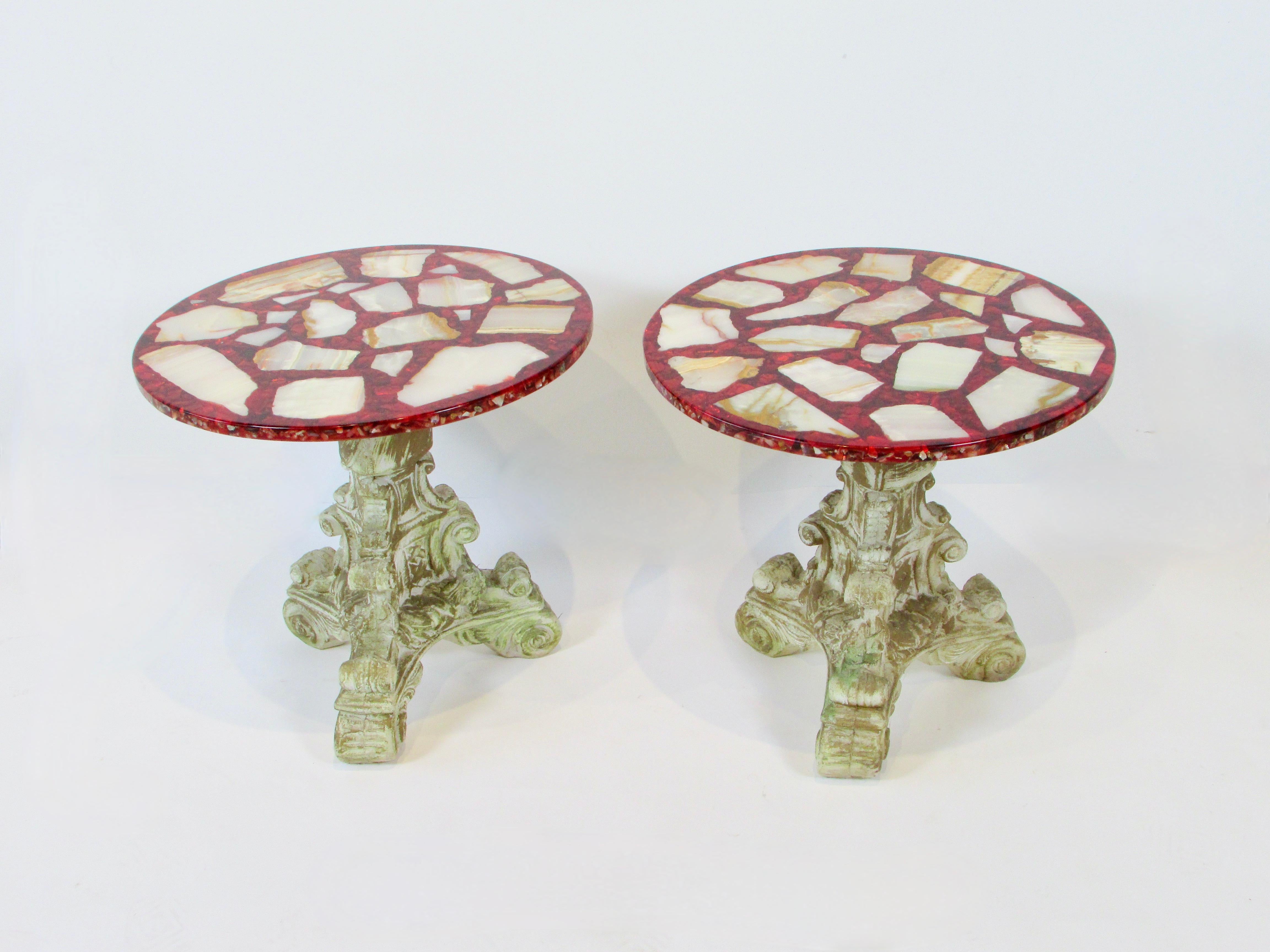 Pair of Agate Stone in Ruby Red Resin Hollywood Regency Side tables In Good Condition For Sale In Ferndale, MI