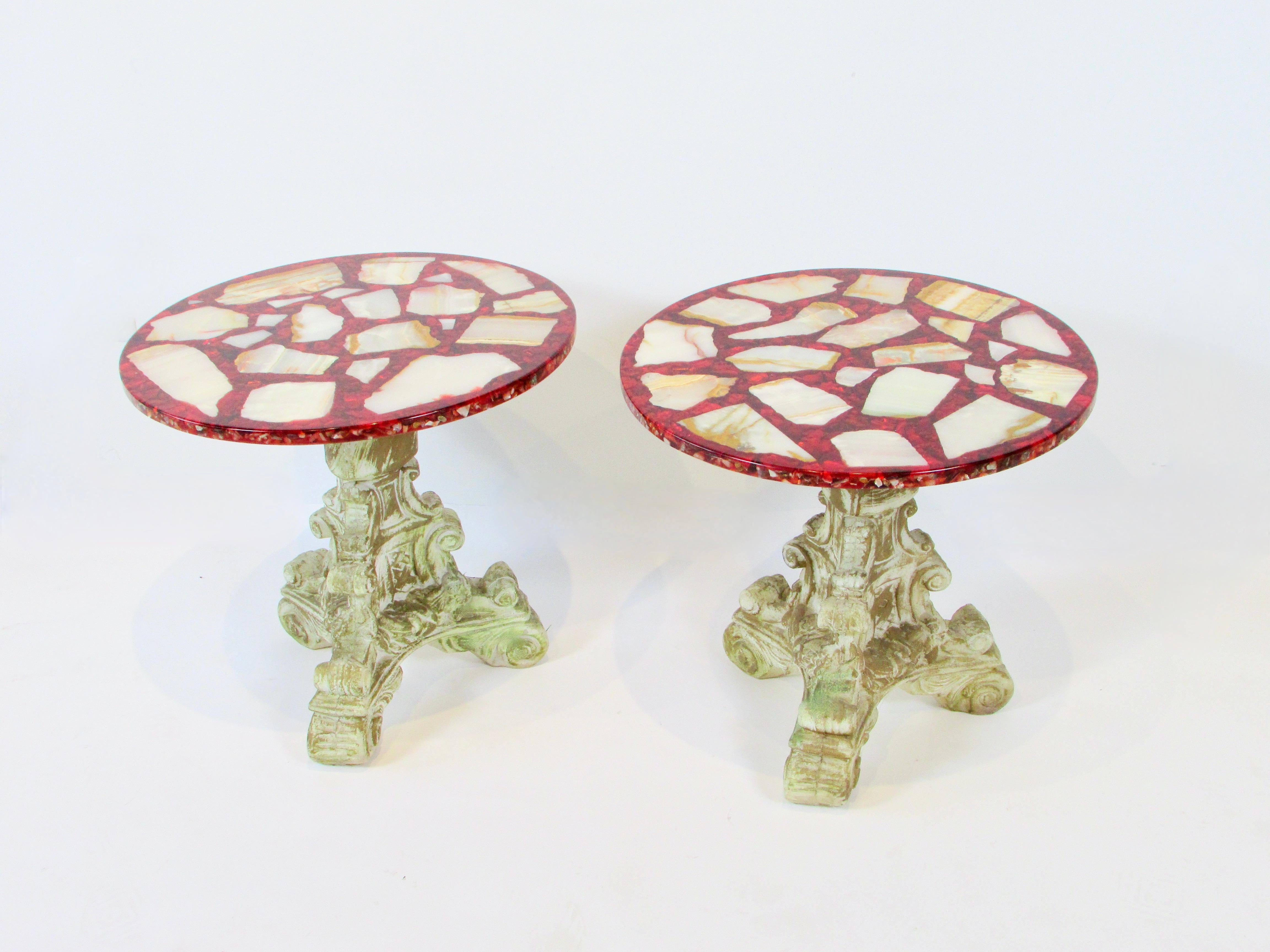 20th Century Pair of Agate Stone in Ruby Red Resin Hollywood Regency Side tables For Sale