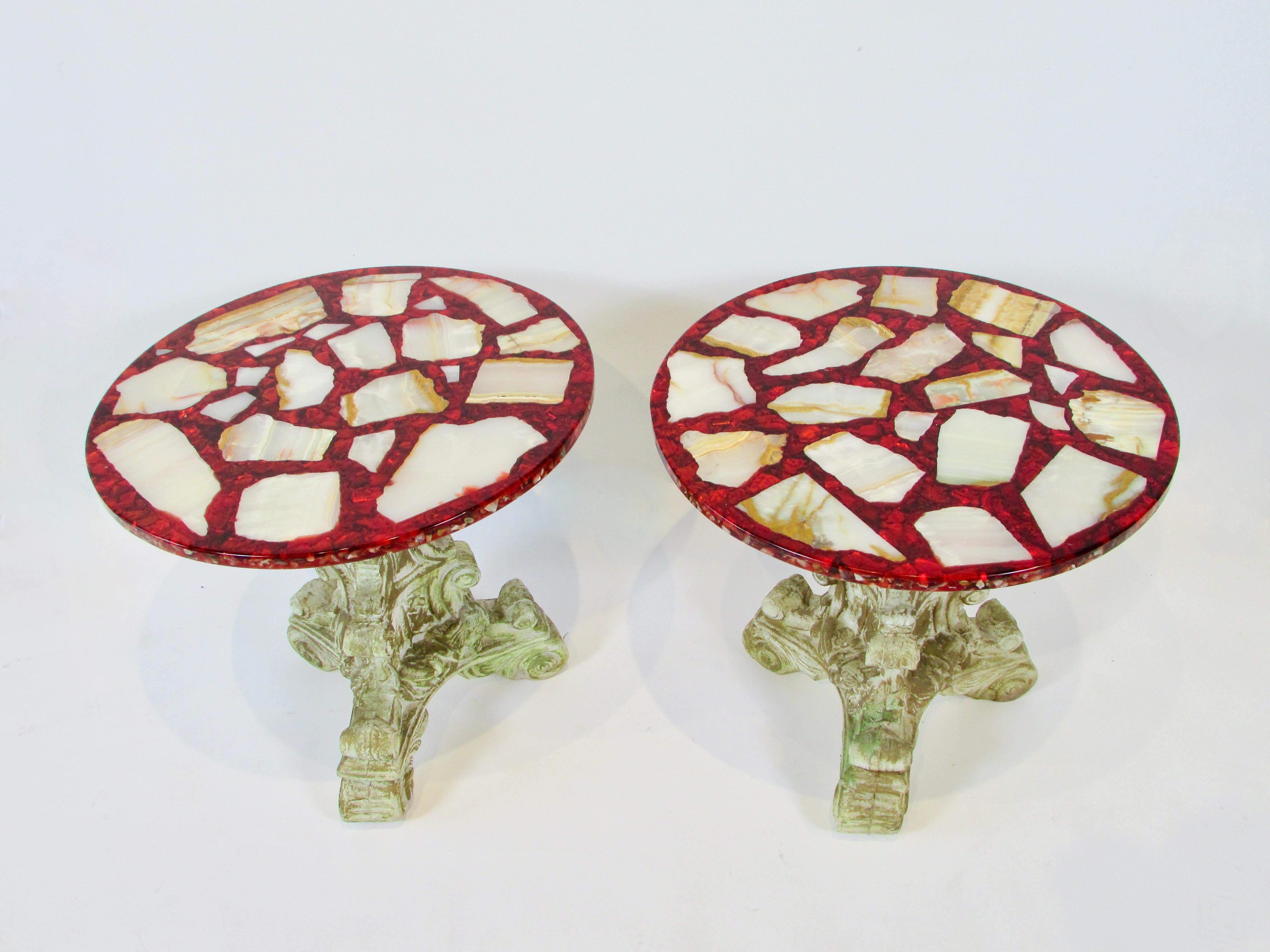 Pair of Agate Stone in Ruby Red Resin Hollywood Regency Side tables For Sale 1