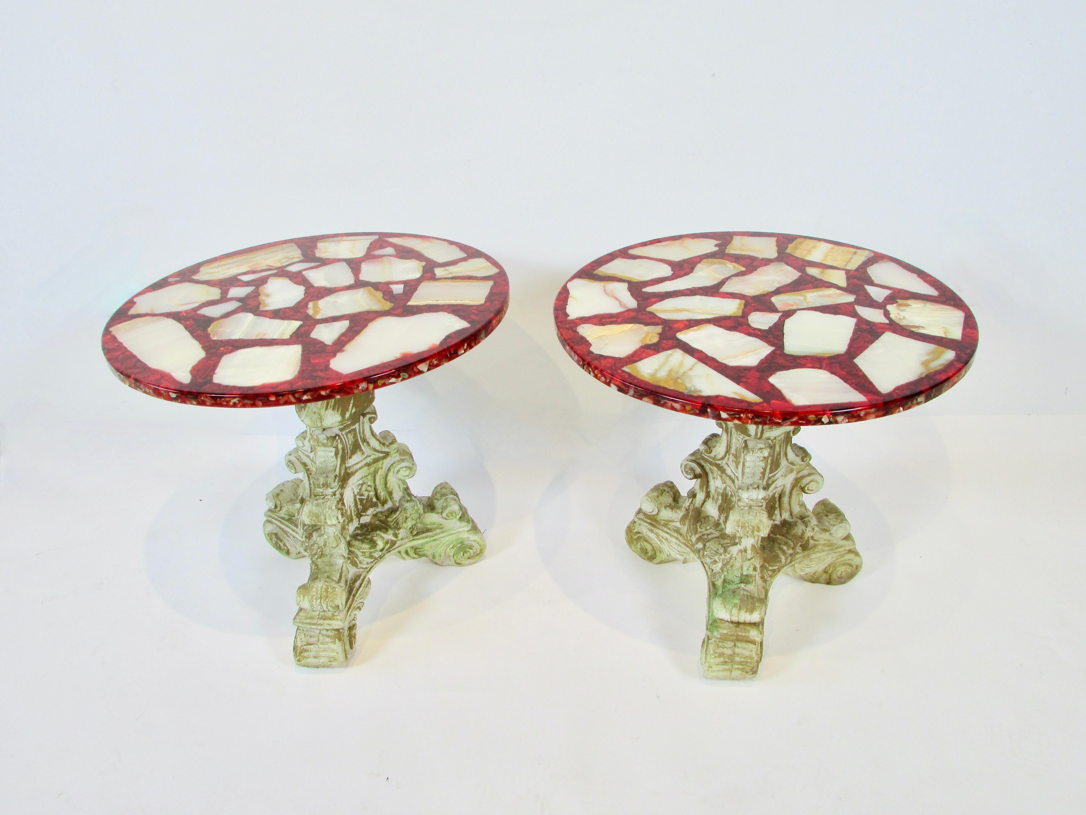 Pair of Agate Stone in Ruby Red Resin Hollywood Regency Side tables For Sale 2