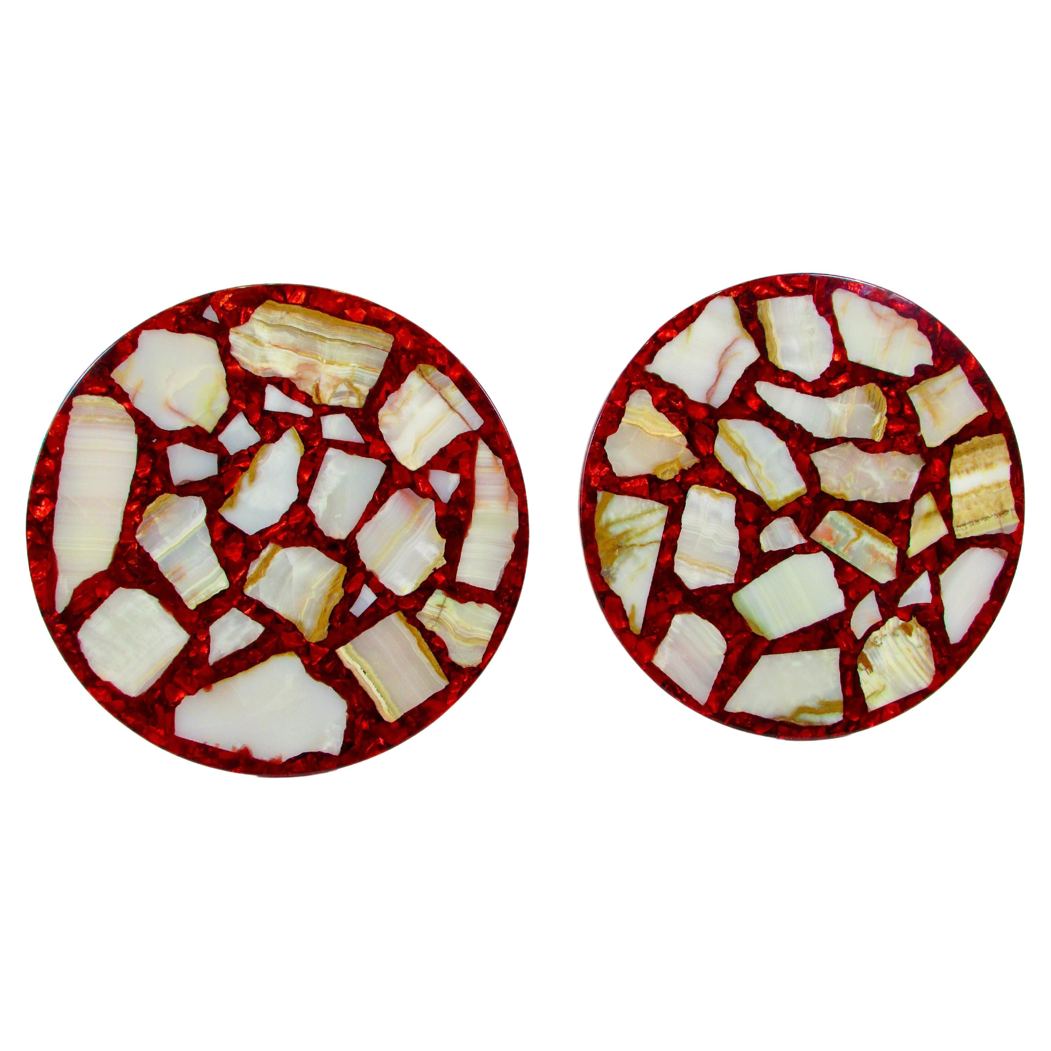 Pair of Agate Stone in Ruby Red Resin Hollywood Regency Side tables