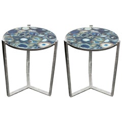 Pair of Agate Stone Marble Side Round Tables