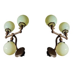 Pair of Aged Brass Sconces with Vaseline Glass Globes 'Triple'