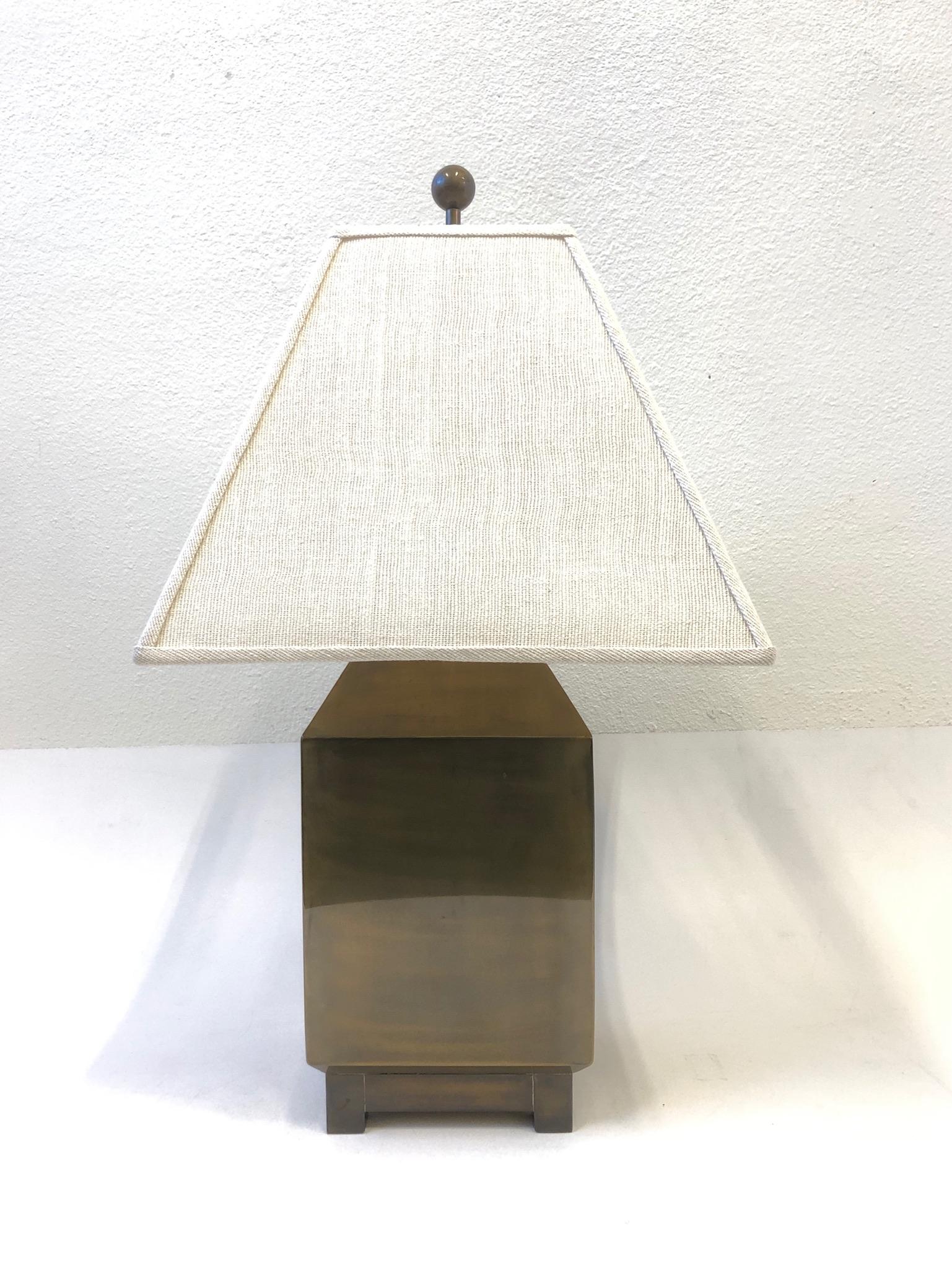 Modern Pair of Aged Brass Table Lamps by Mastercraft