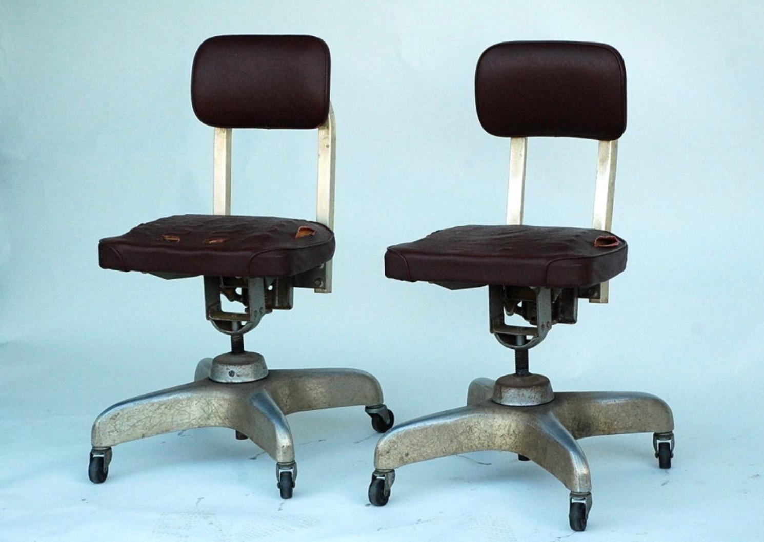 Steel Pair of Aged Industrial Office Swivel Chairs For Sale