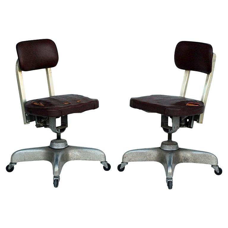 Pair of Aged Industrial Office Swivel Chairs For Sale