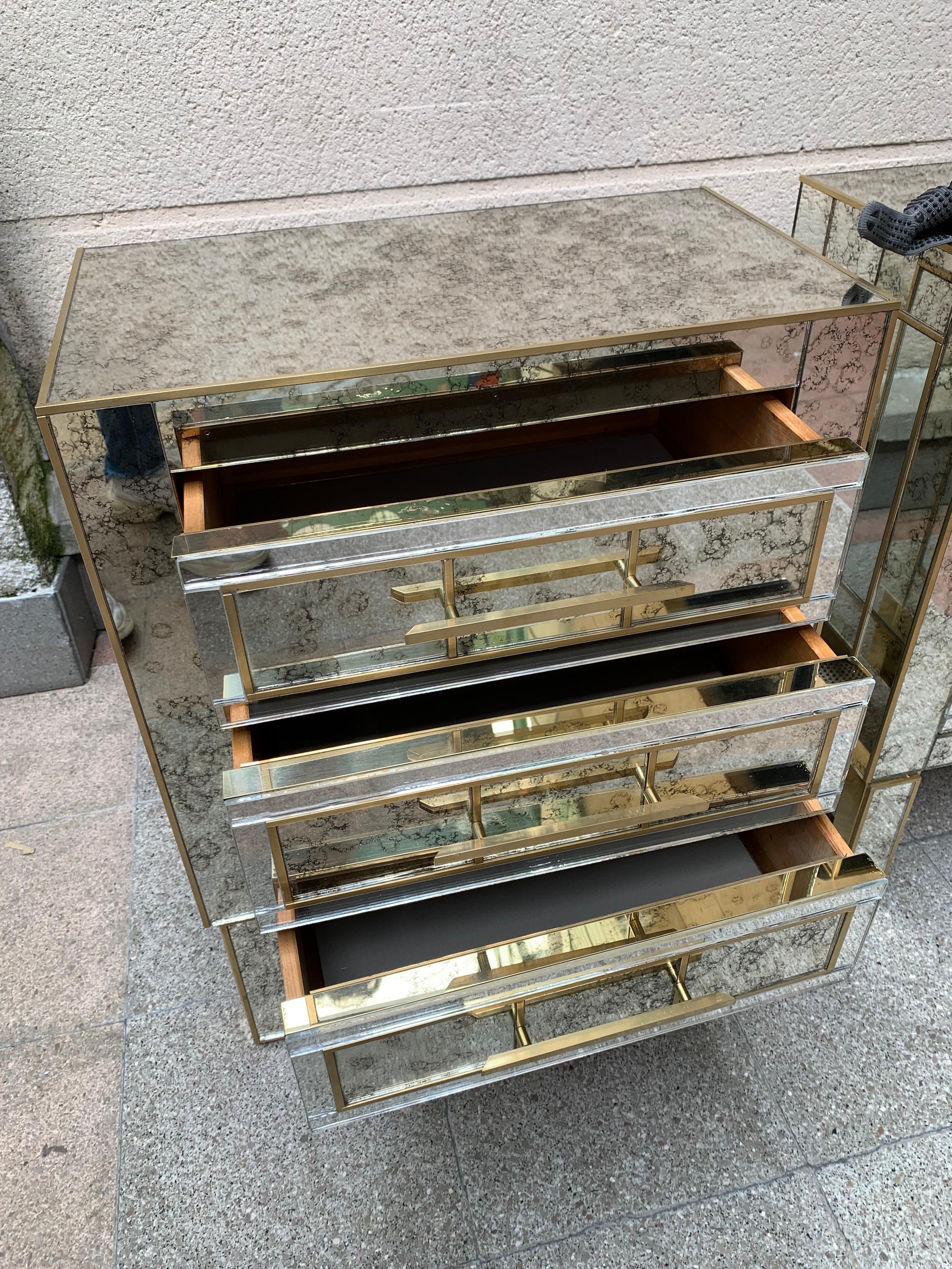 Pair of Aged Mirror Bedside Tables Italian Work, circa 1980 In Good Condition In Saint ouen, FR