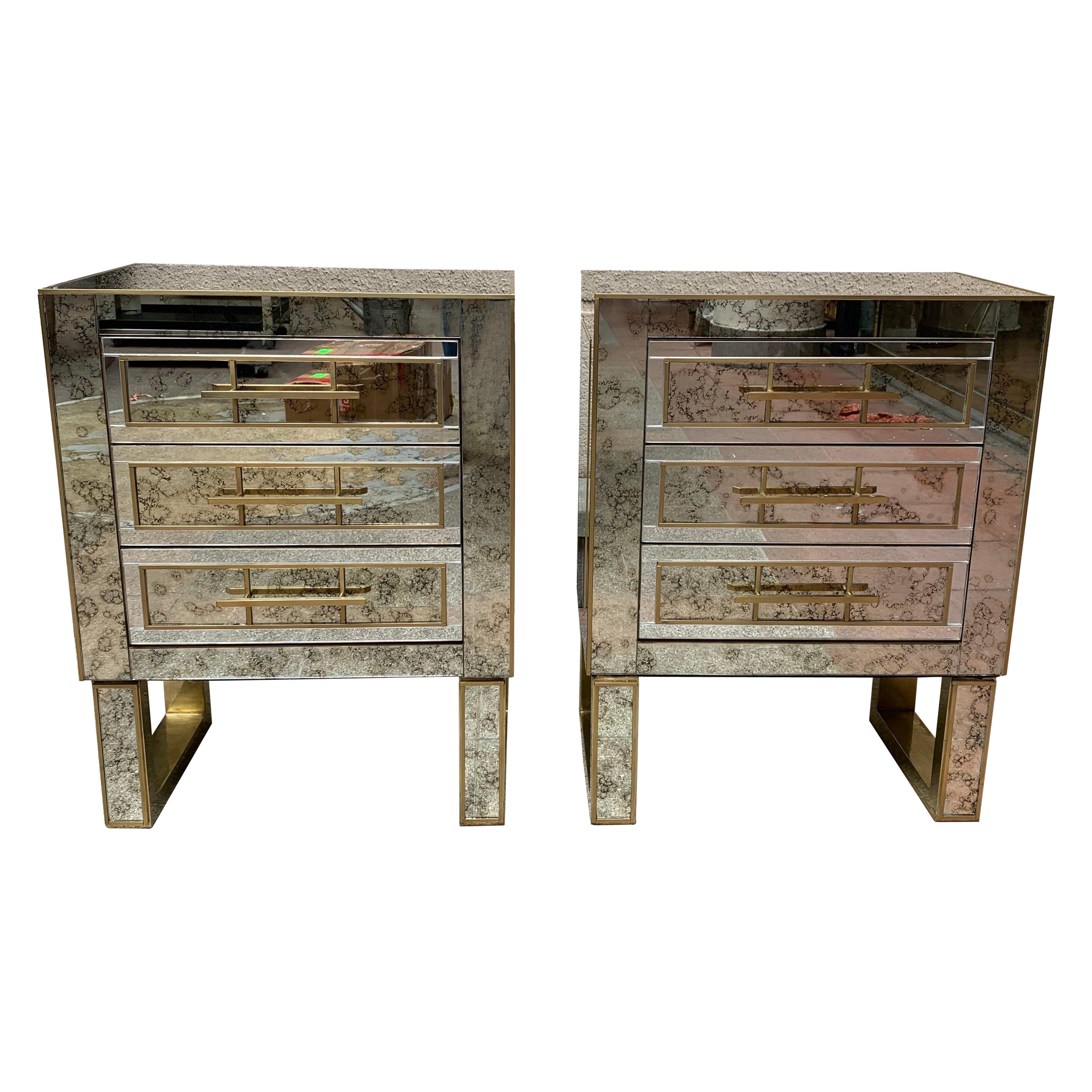 Pair of Aged Mirror Bedside Tables Italian Work, circa 1980