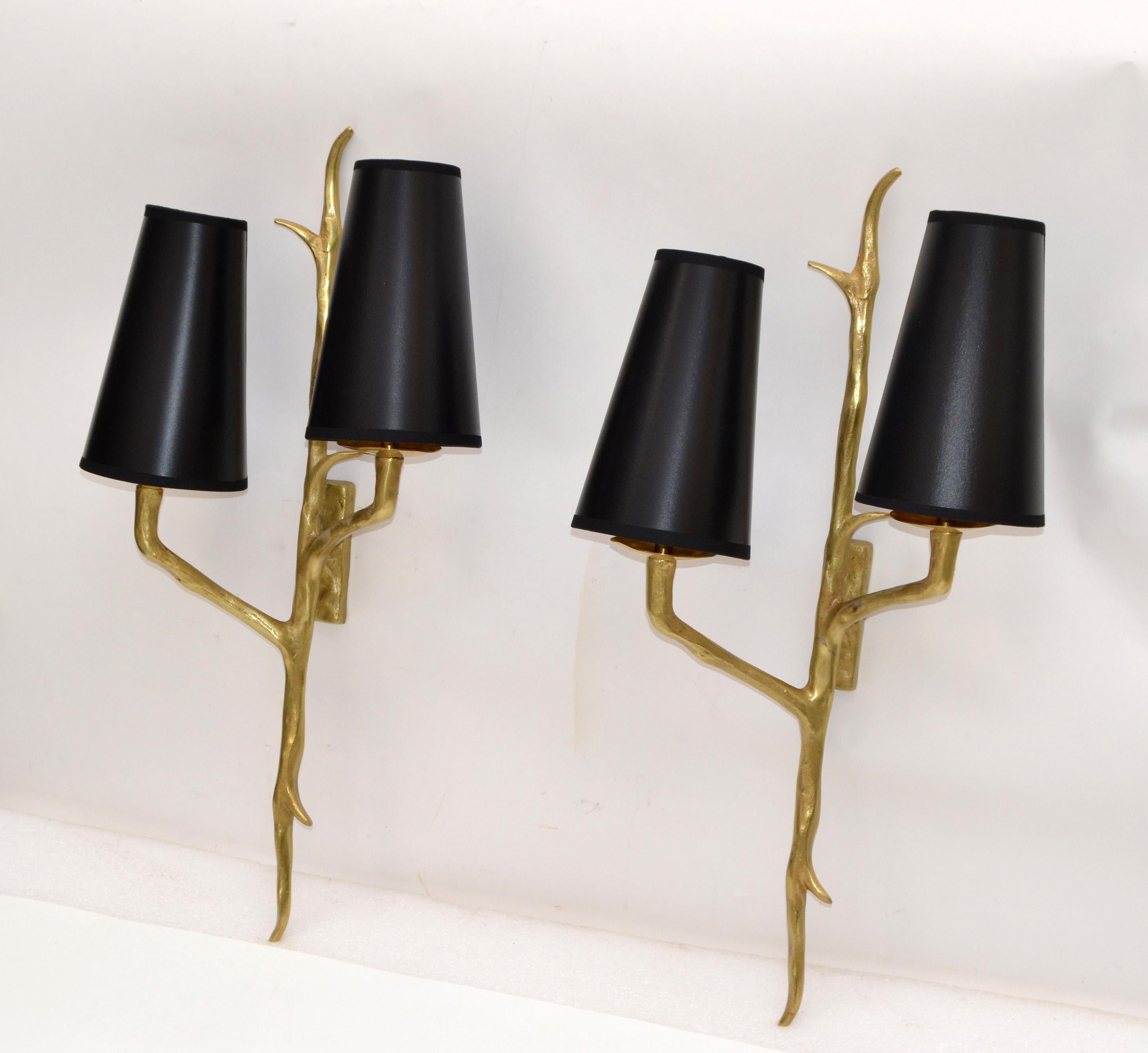 Pair of Agostini Style Sconces Bronze with Black and Gold Shades, France, 1950s For Sale 2