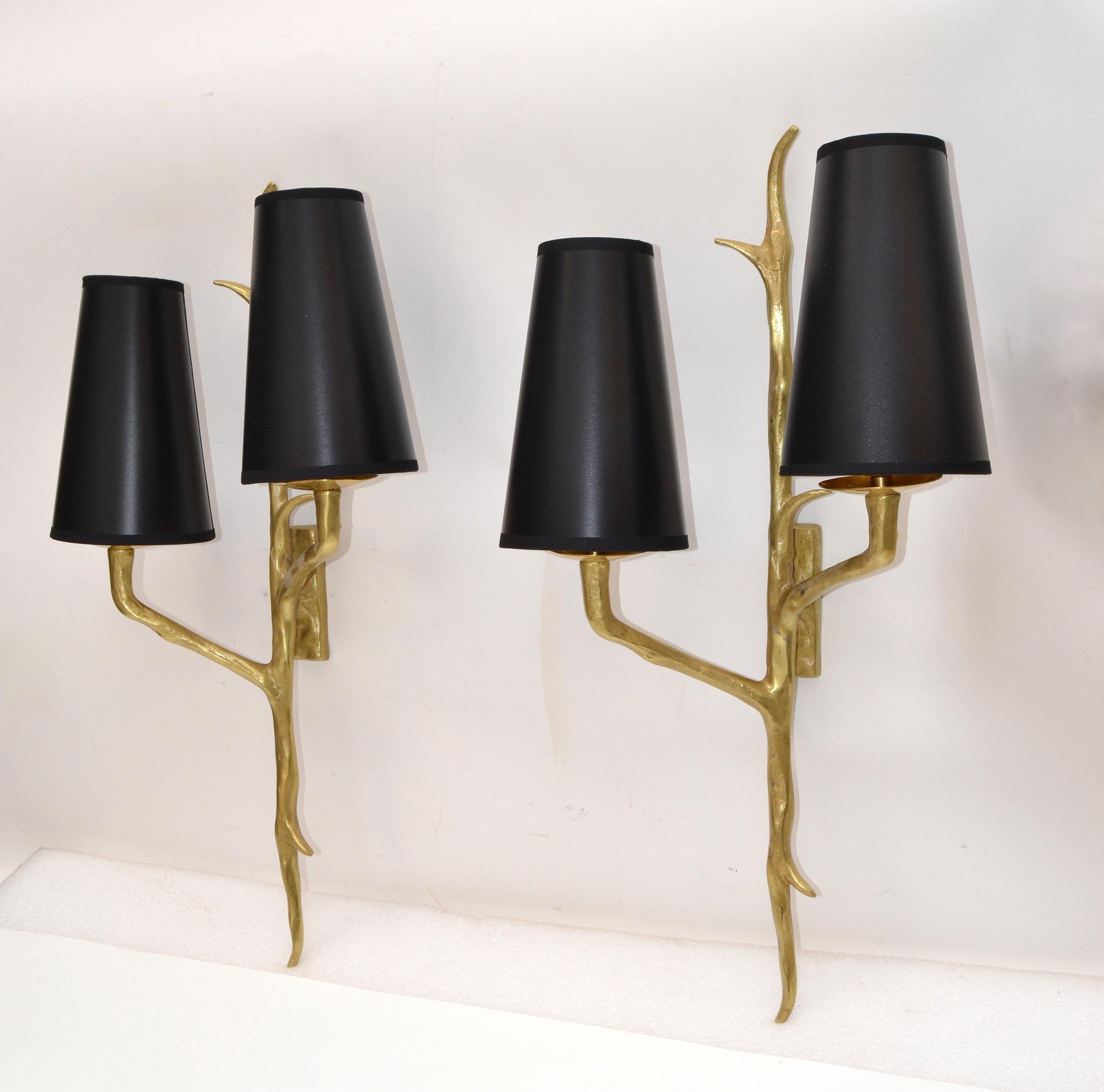 Pair of Agostini Style Sconces Bronze with Black and Gold Shades, France, 1950s For Sale 3
