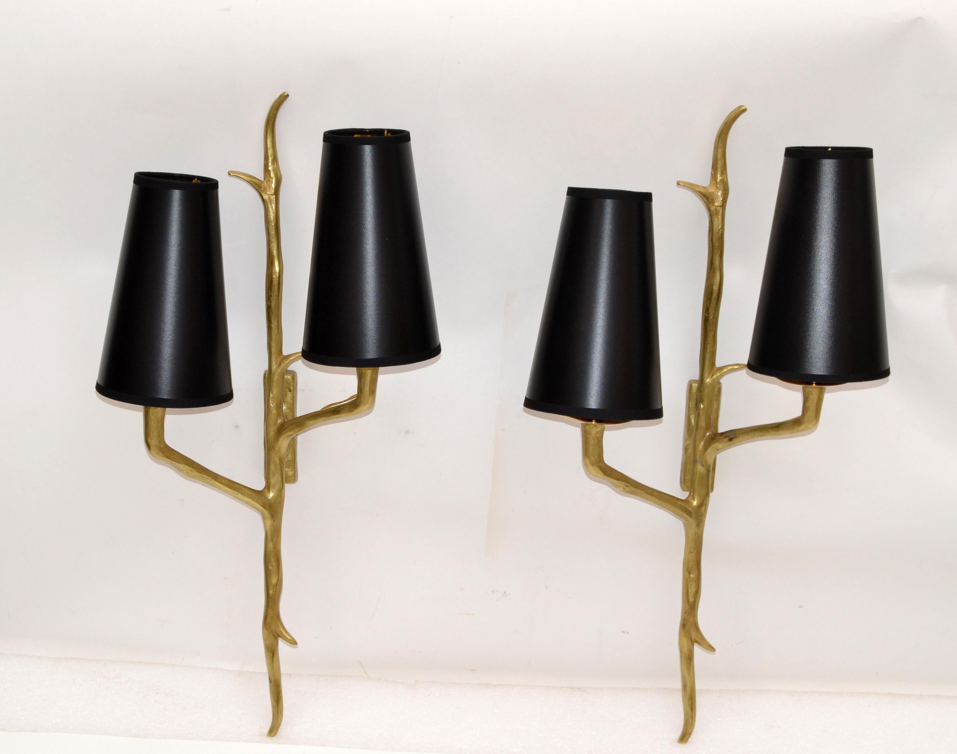 Pair of Agostini Style Sconces Bronze with Black and Gold Shades, France, 1950s For Sale 4