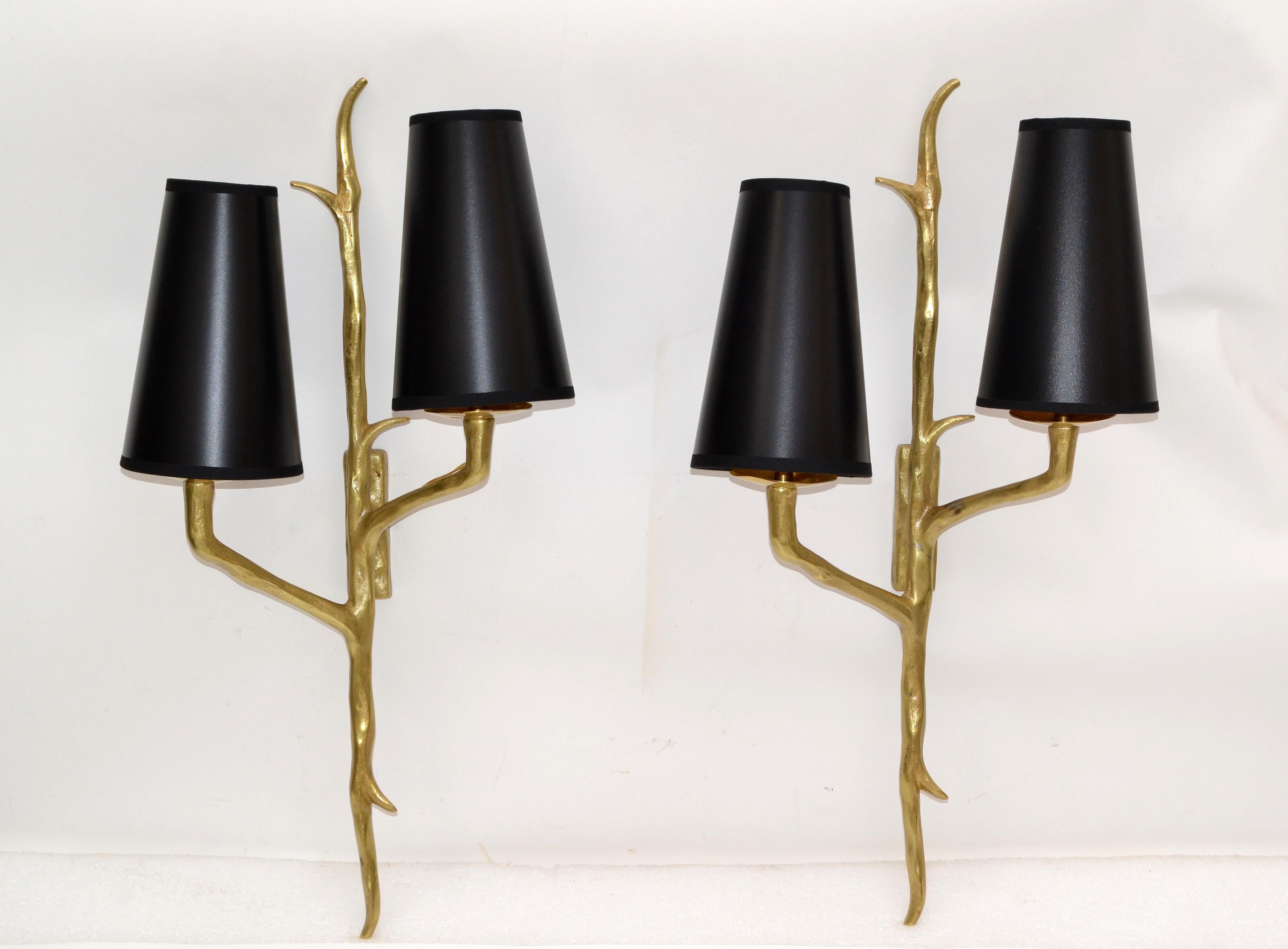 Pair of Agostini Style Sconces Bronze with Black and Gold Shades, France, 1950s For Sale 7