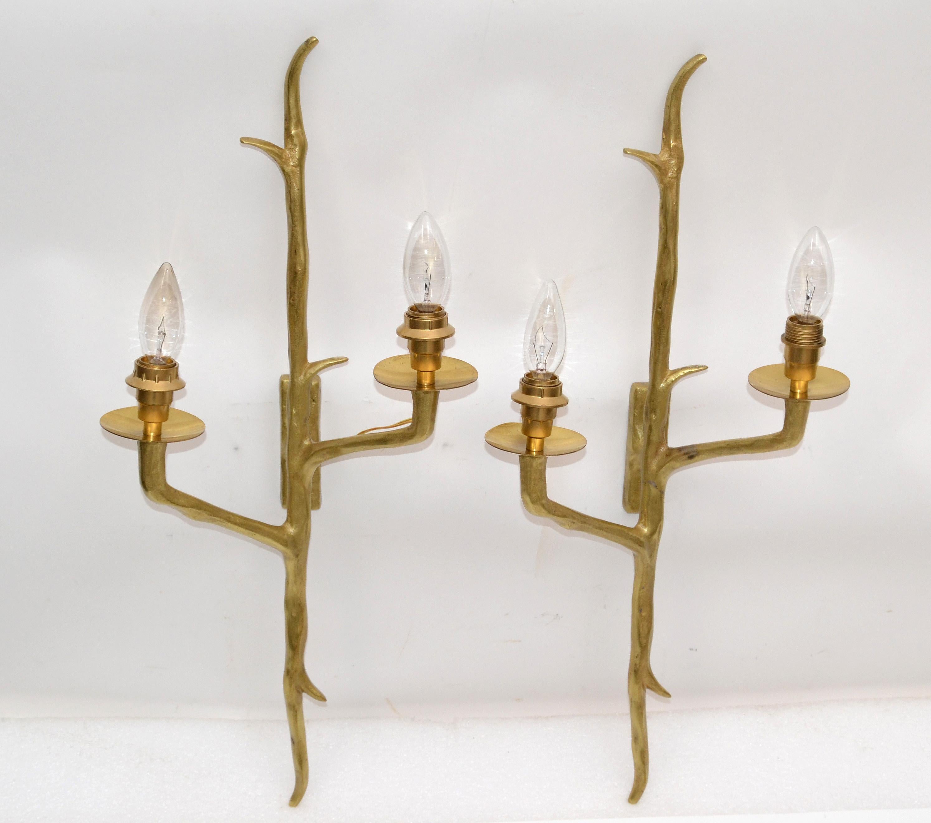 Mid-Century Modern Pair of Agostini Style Sconces Bronze with Black and Gold Shades, France, 1950s For Sale