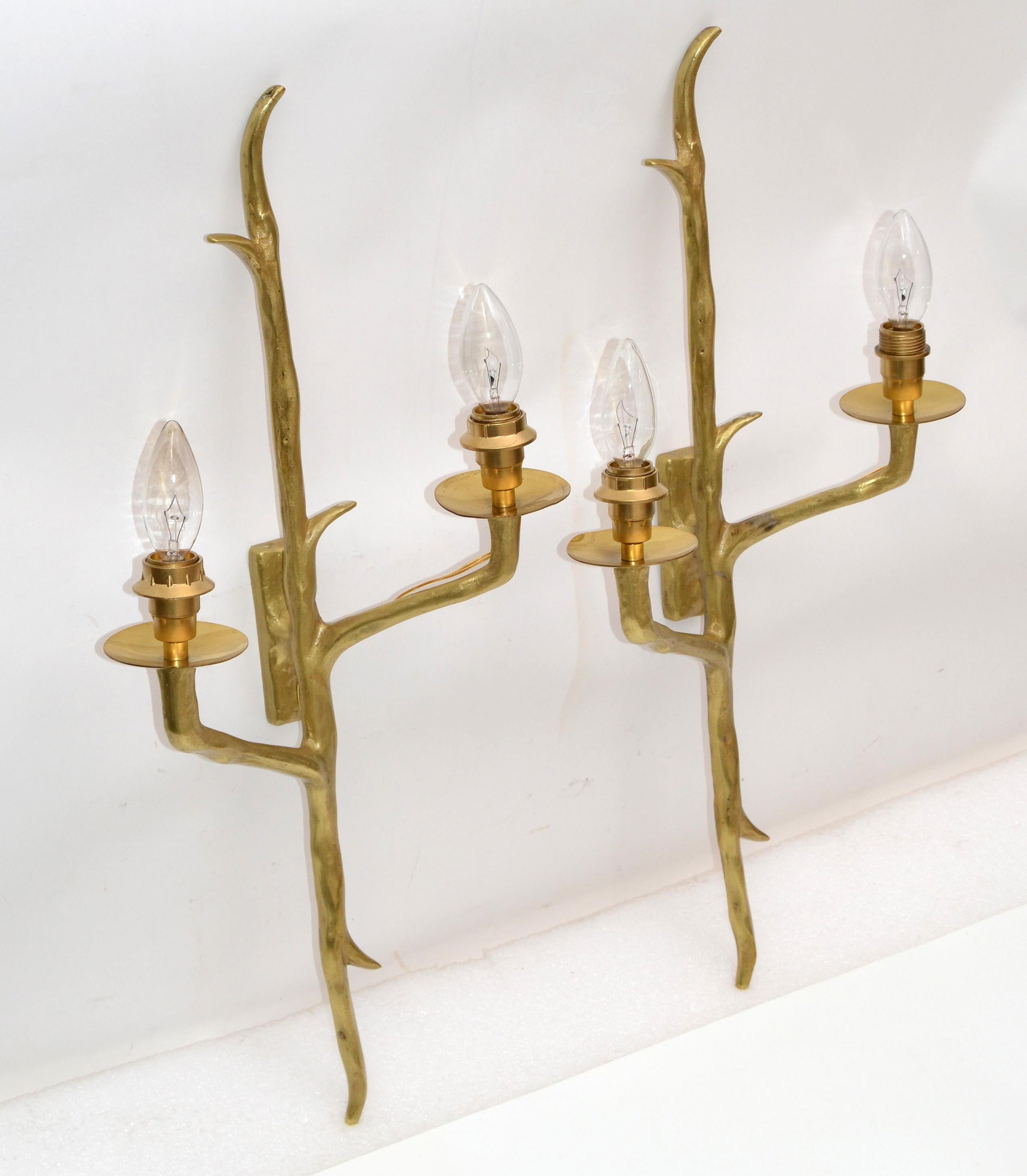 French Pair of Agostini Style Sconces Bronze with Black and Gold Shades, France, 1950s For Sale