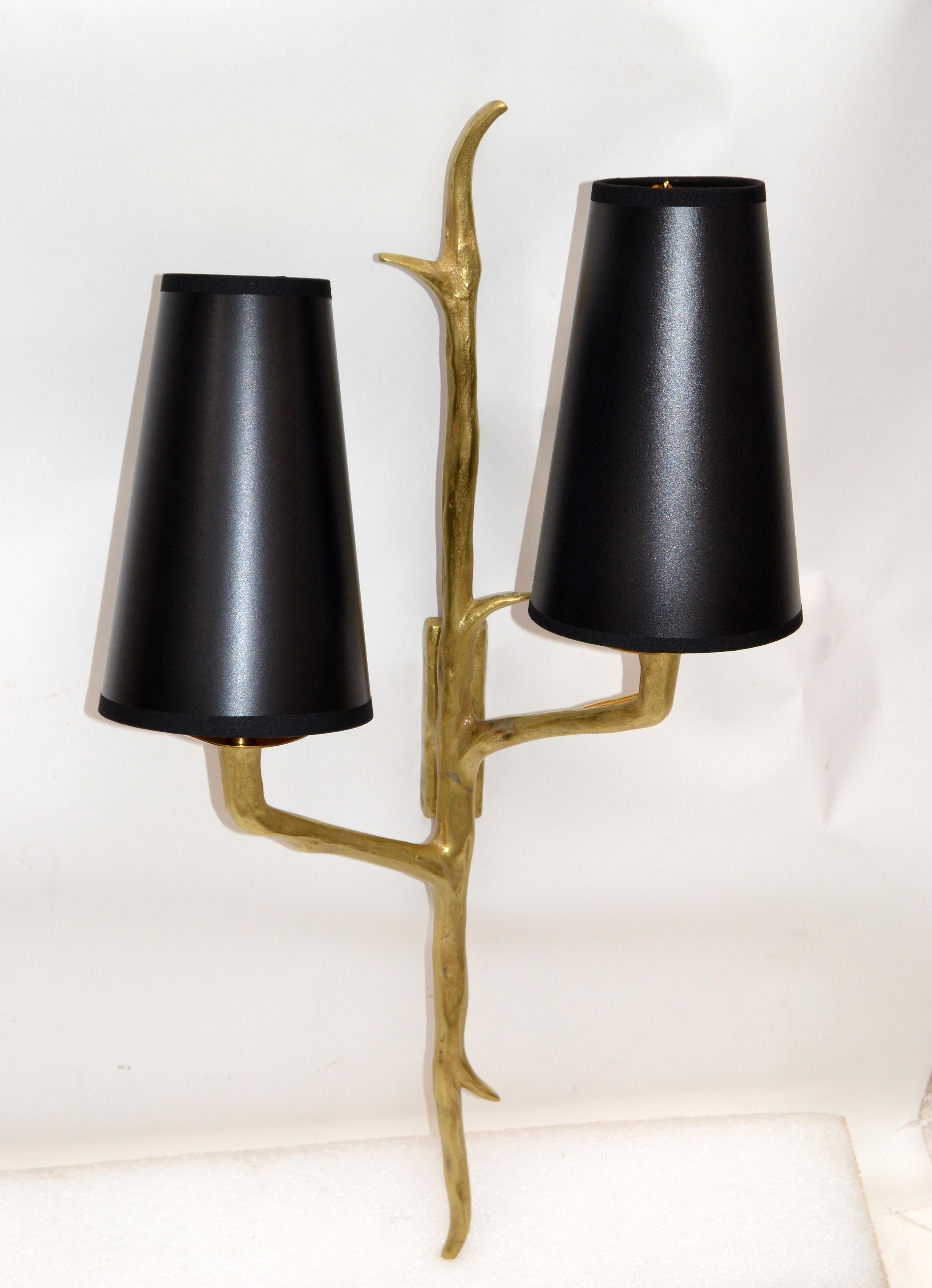 Pair of Agostini Style Sconces Bronze with Black and Gold Shades, France, 1950s For Sale 1