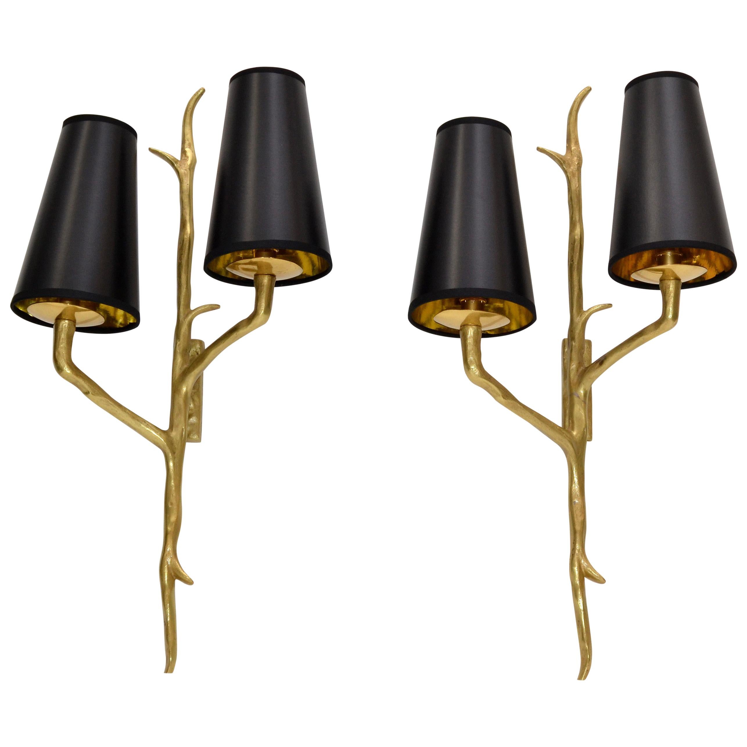 Pair of Agostini Style Sconces Bronze with Black and Gold Shades, France, 1950s