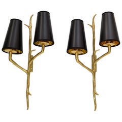 Vintage Pair of Agostini Style Sconces Bronze with Black and Gold Shades, France, 1950s
