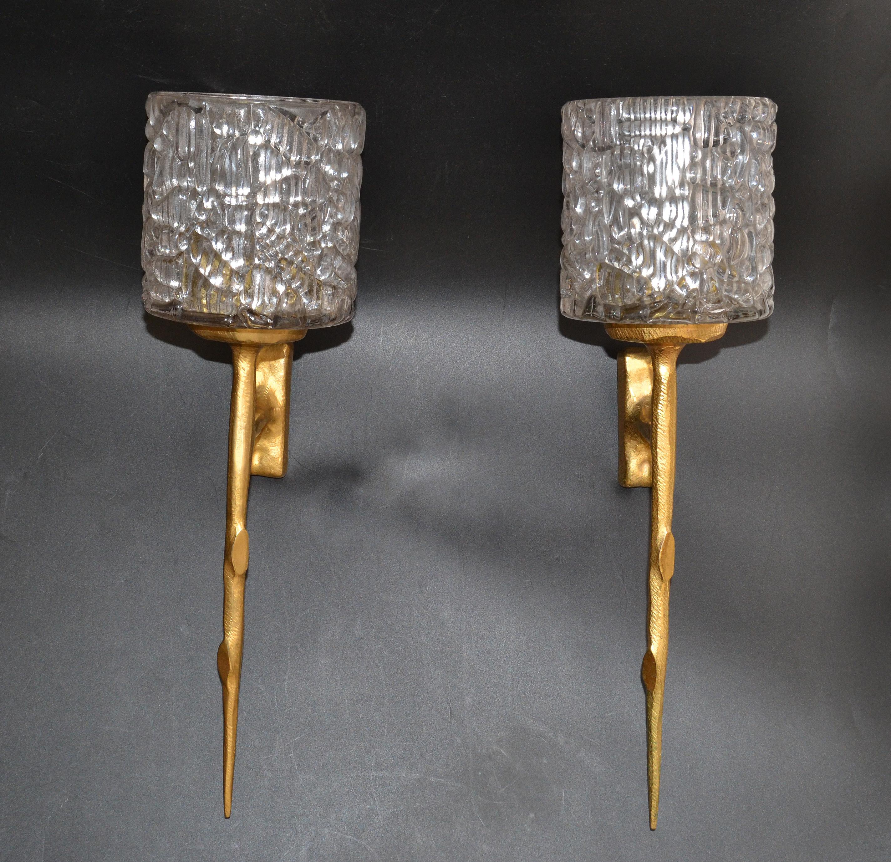 Pair of Agostini Style Sconces Bronze with Cut Crystal Glass Shades France 1950 For Sale 7