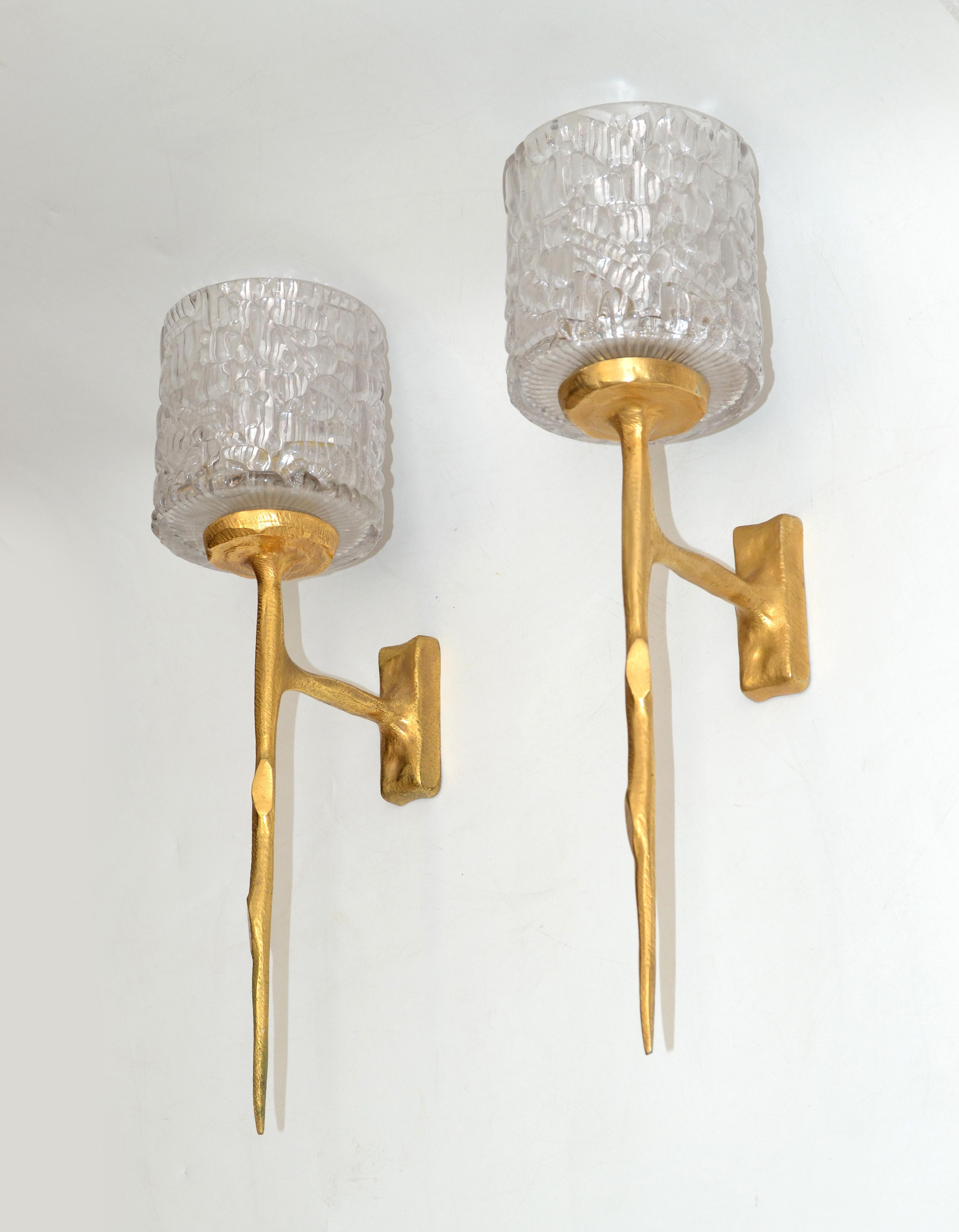 Pair of Agostini Style Sconces Bronze with Cut Crystal Glass Shades France 1950 For Sale 8