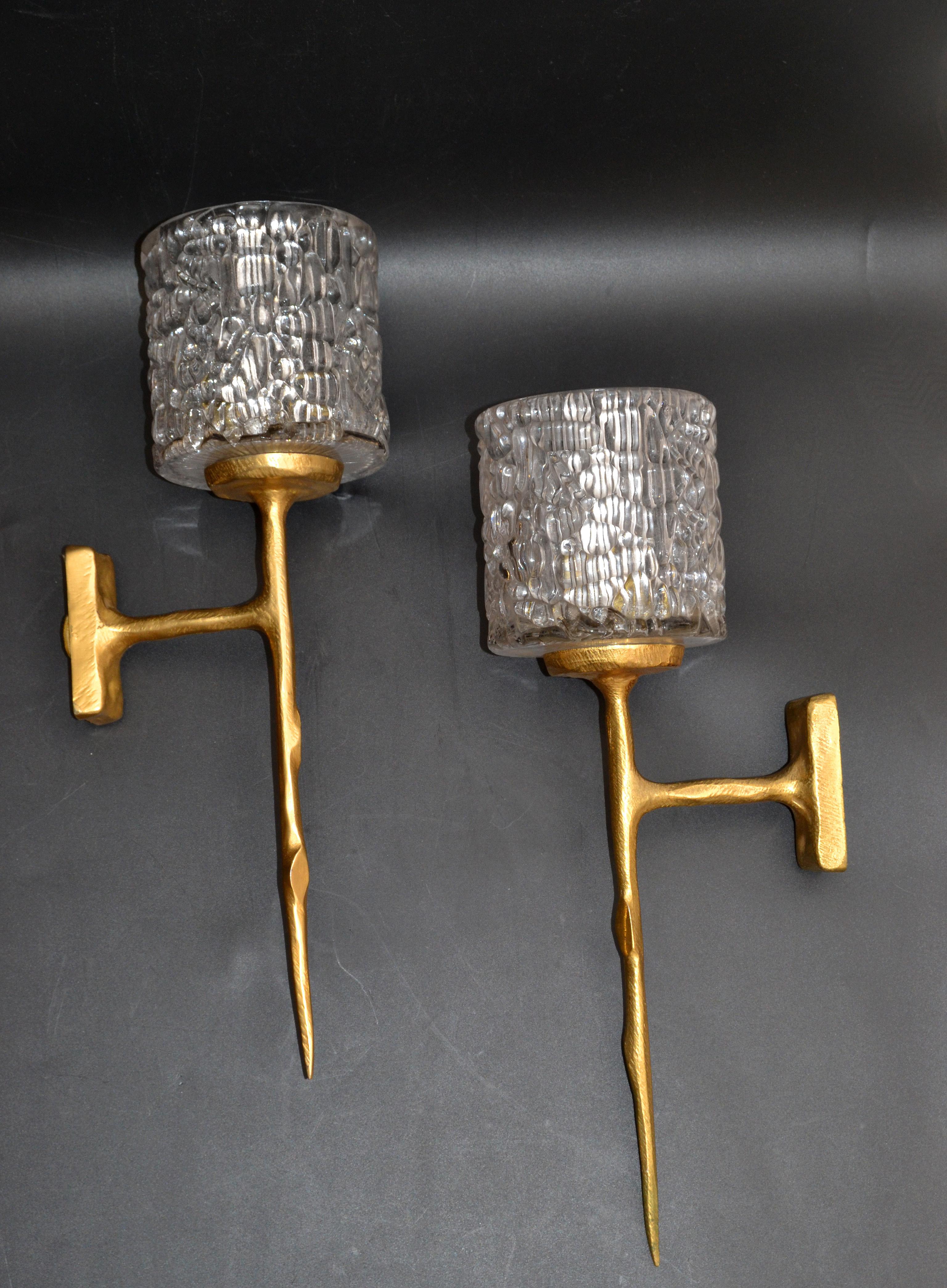 Mid-Century Modern Pair of Agostini Style Sconces Bronze with Cut Crystal Glass Shades France 1950 For Sale