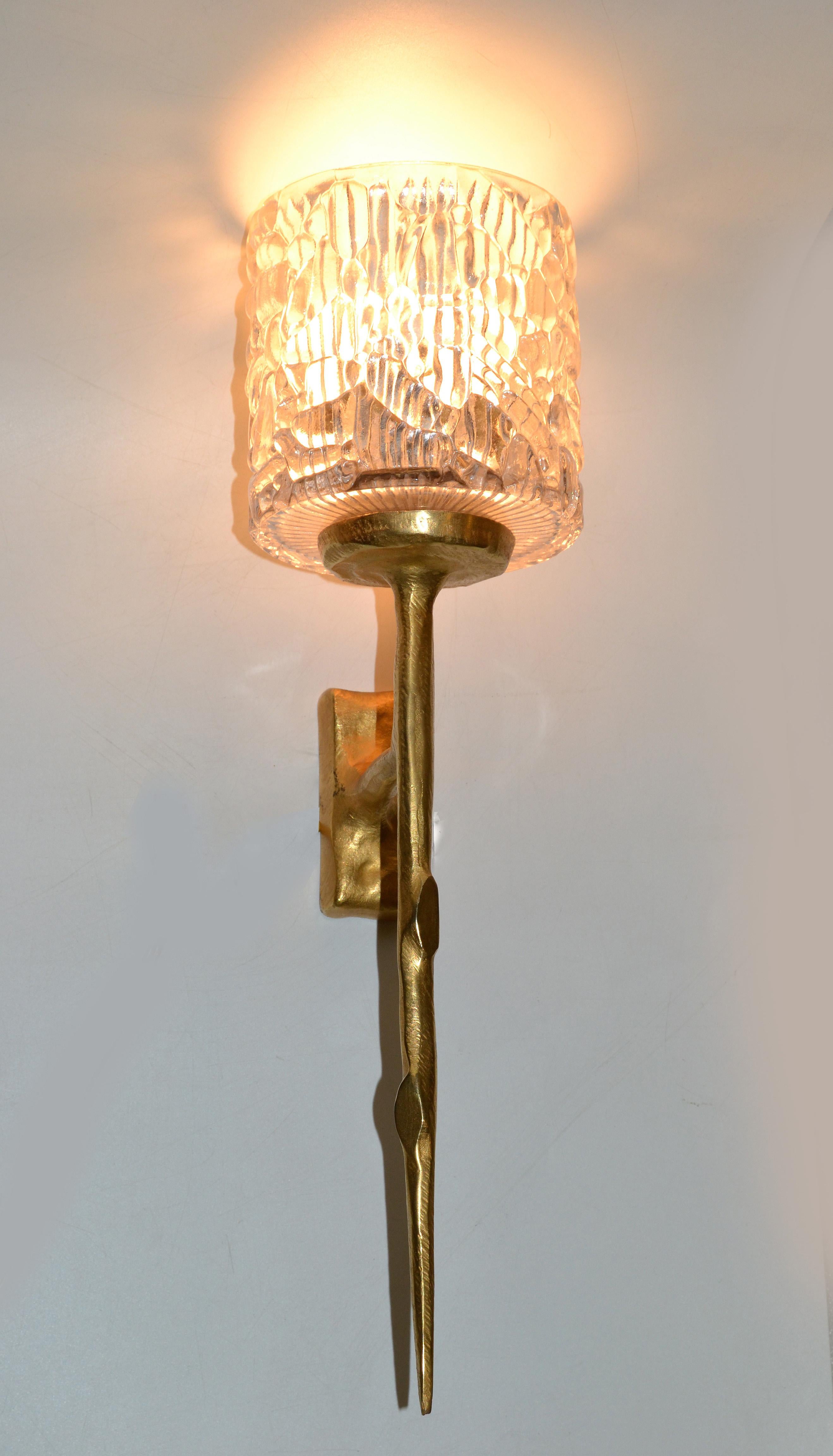 Pair of Agostini Style Sconces Bronze with Cut Crystal Glass Shades France 1950 In Good Condition For Sale In Miami, FL