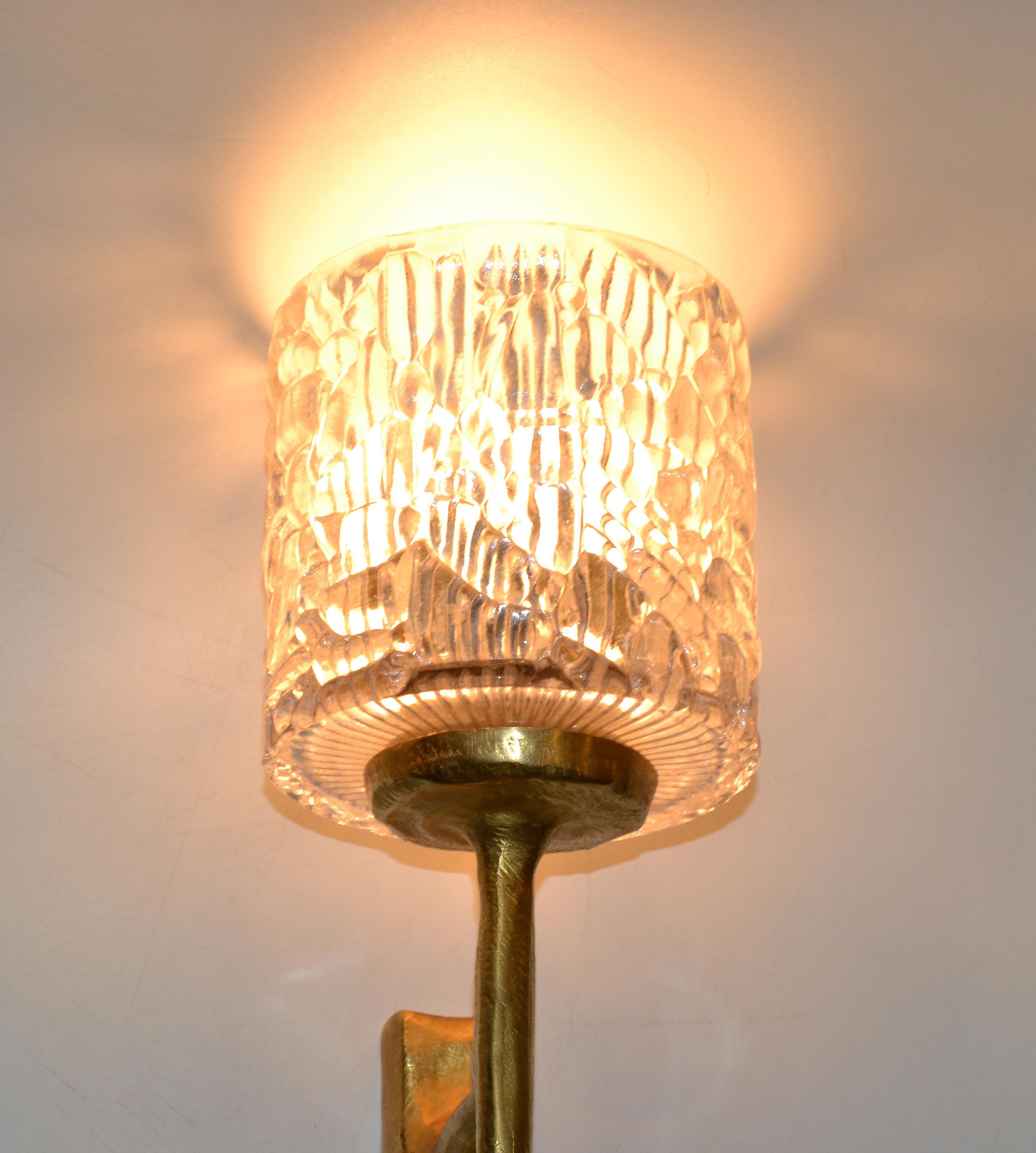 Mid-20th Century Pair of Agostini Style Sconces Bronze with Cut Crystal Glass Shades France 1950 For Sale