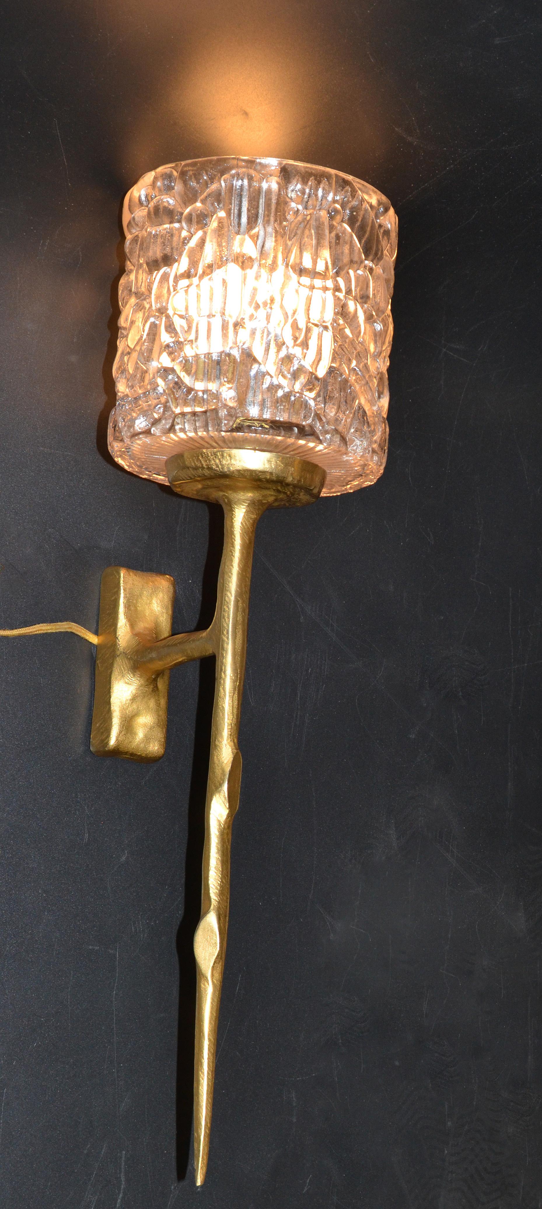Pair of Agostini Style Sconces Bronze with Cut Crystal Glass Shades France 1950 For Sale 1