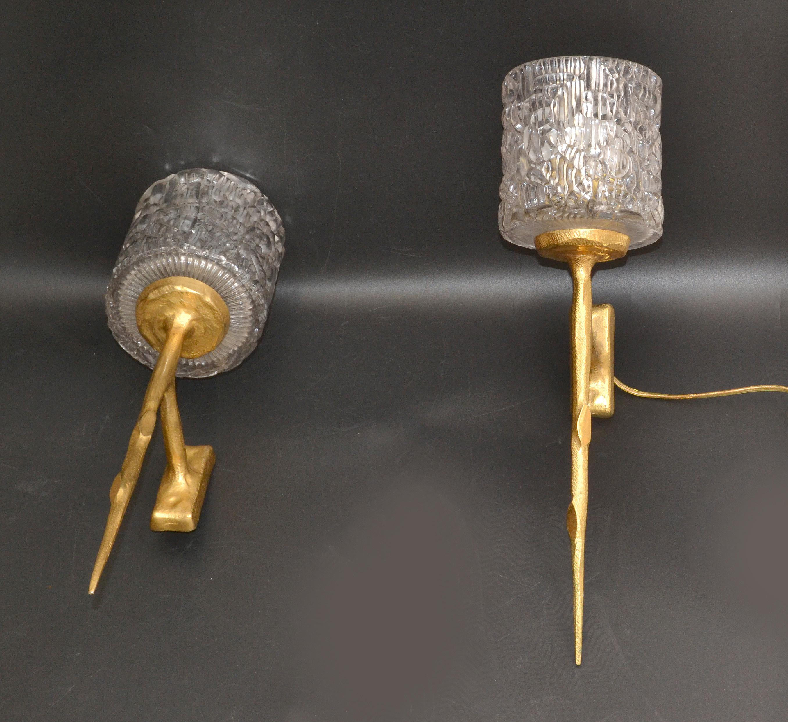 Pair of Agostini Style Sconces Bronze with Cut Crystal Glass Shades France 1950 For Sale 2