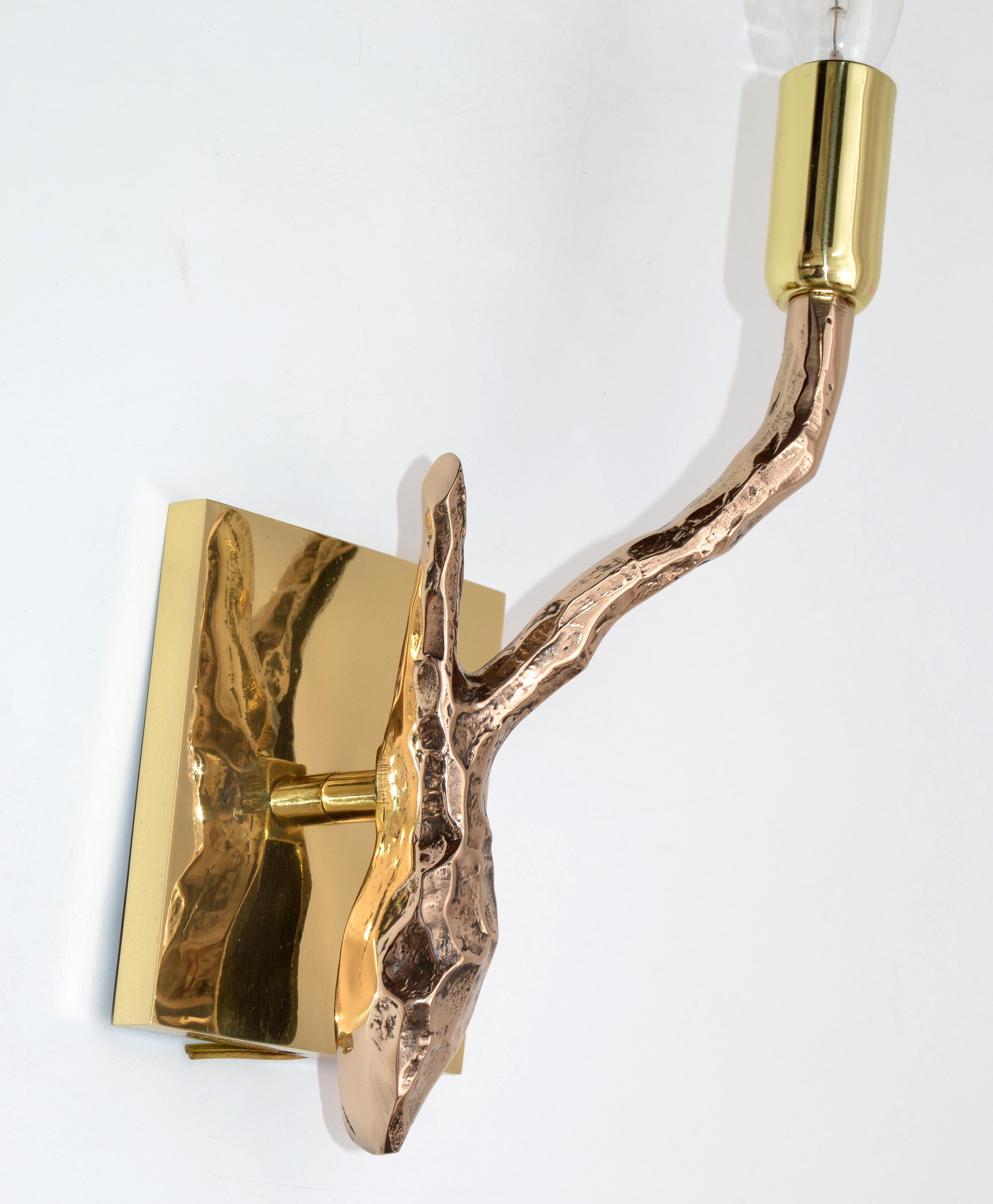 Pair of Agostini Style Sconces Bronze with Gold Metallic Shades, France, 1950s For Sale 3