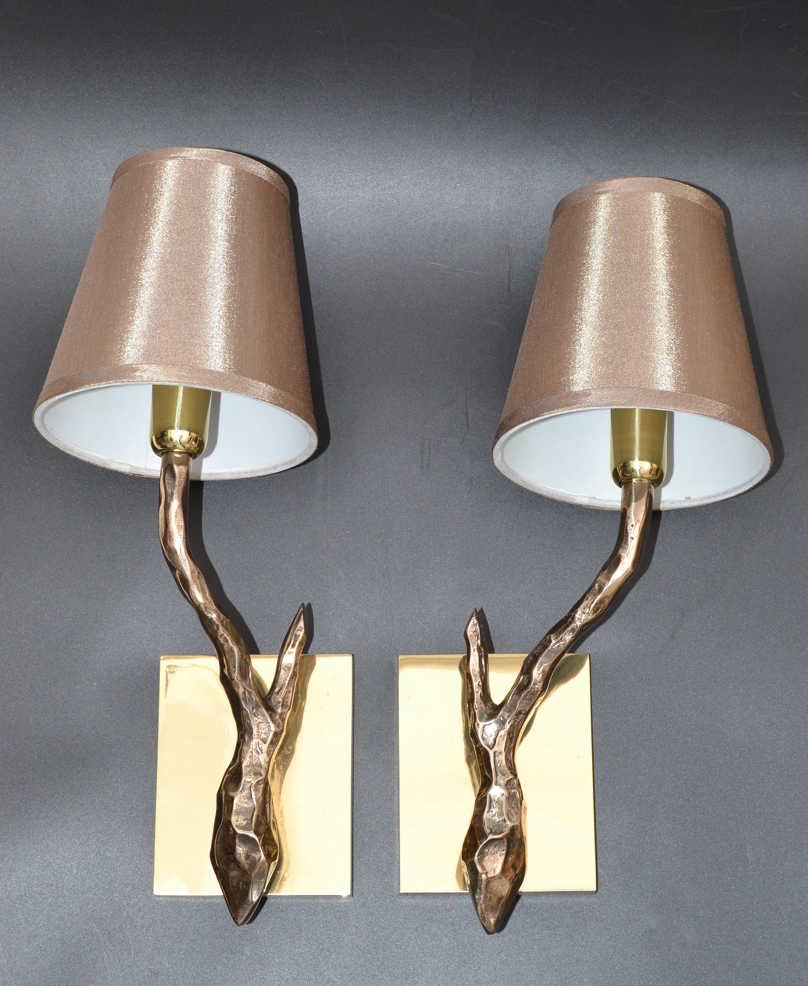 Pair of Agostini Style Sconces Bronze with Gold Metallic Shades, France, 1950s For Sale 6