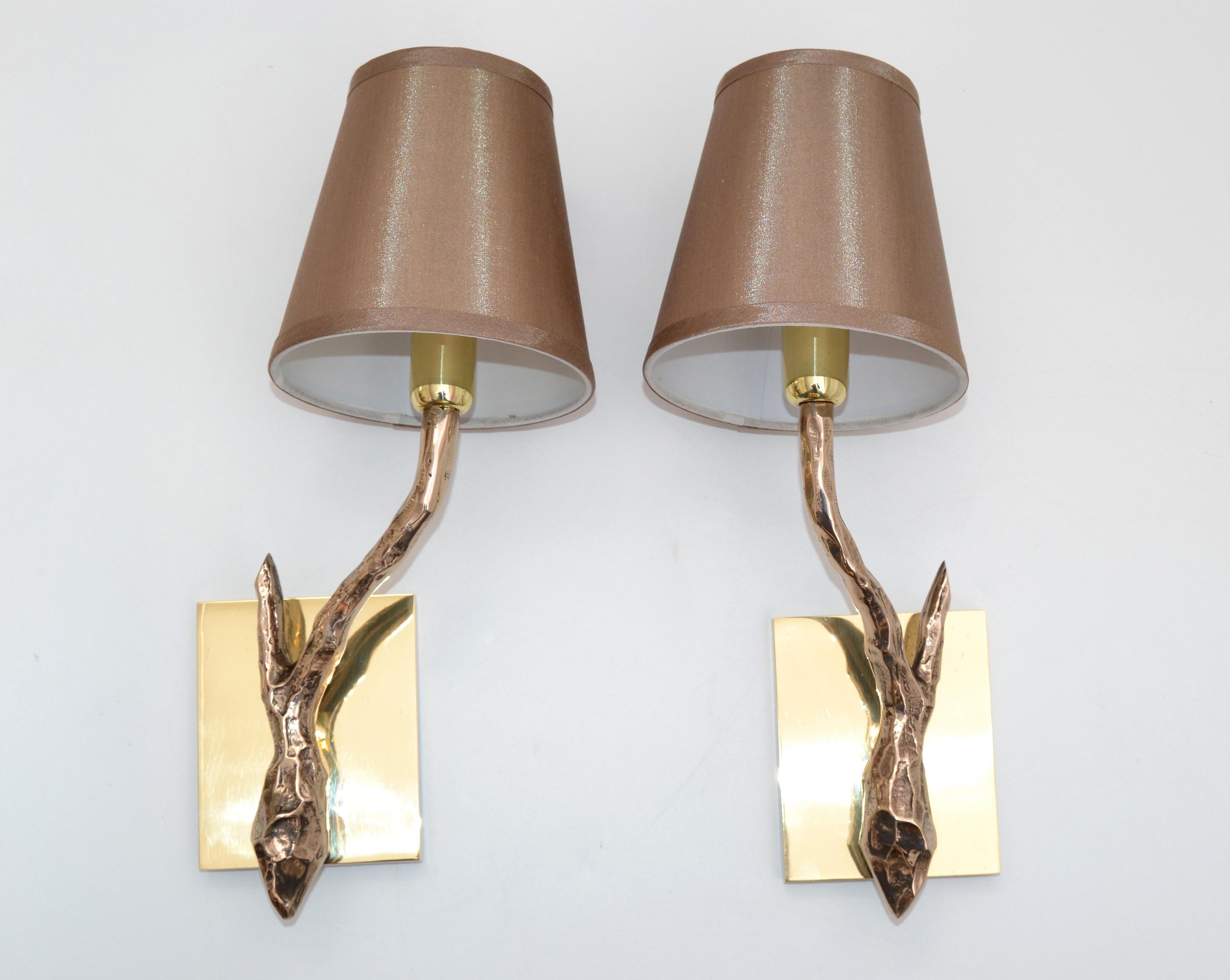 Pair of Agostini Style Sconces Bronze with Gold Metallic Shades, France, 1950s For Sale 7
