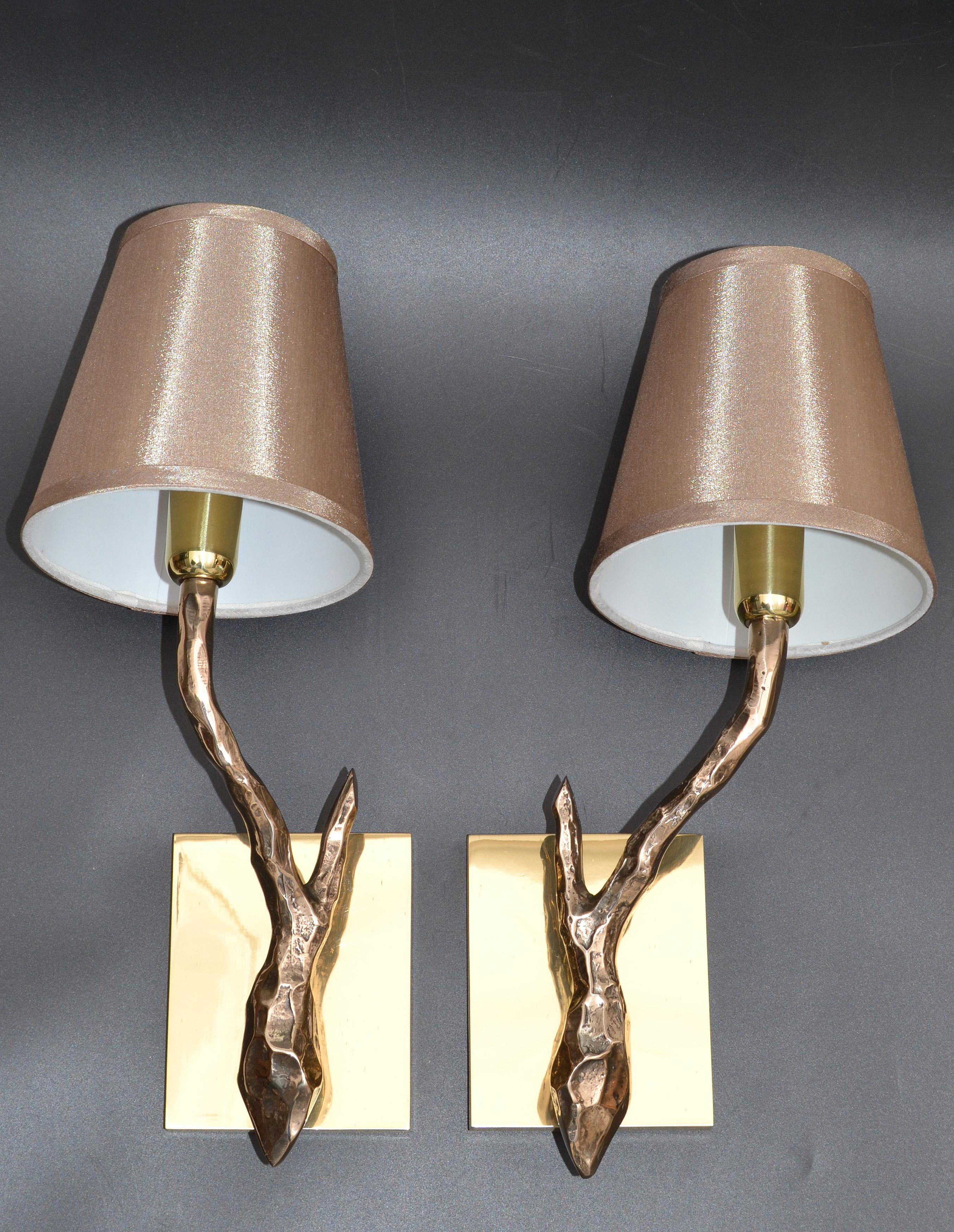 Mid-Century Modern Pair of Agostini Style Sconces Bronze with Gold Metallic Shades, France, 1950s For Sale