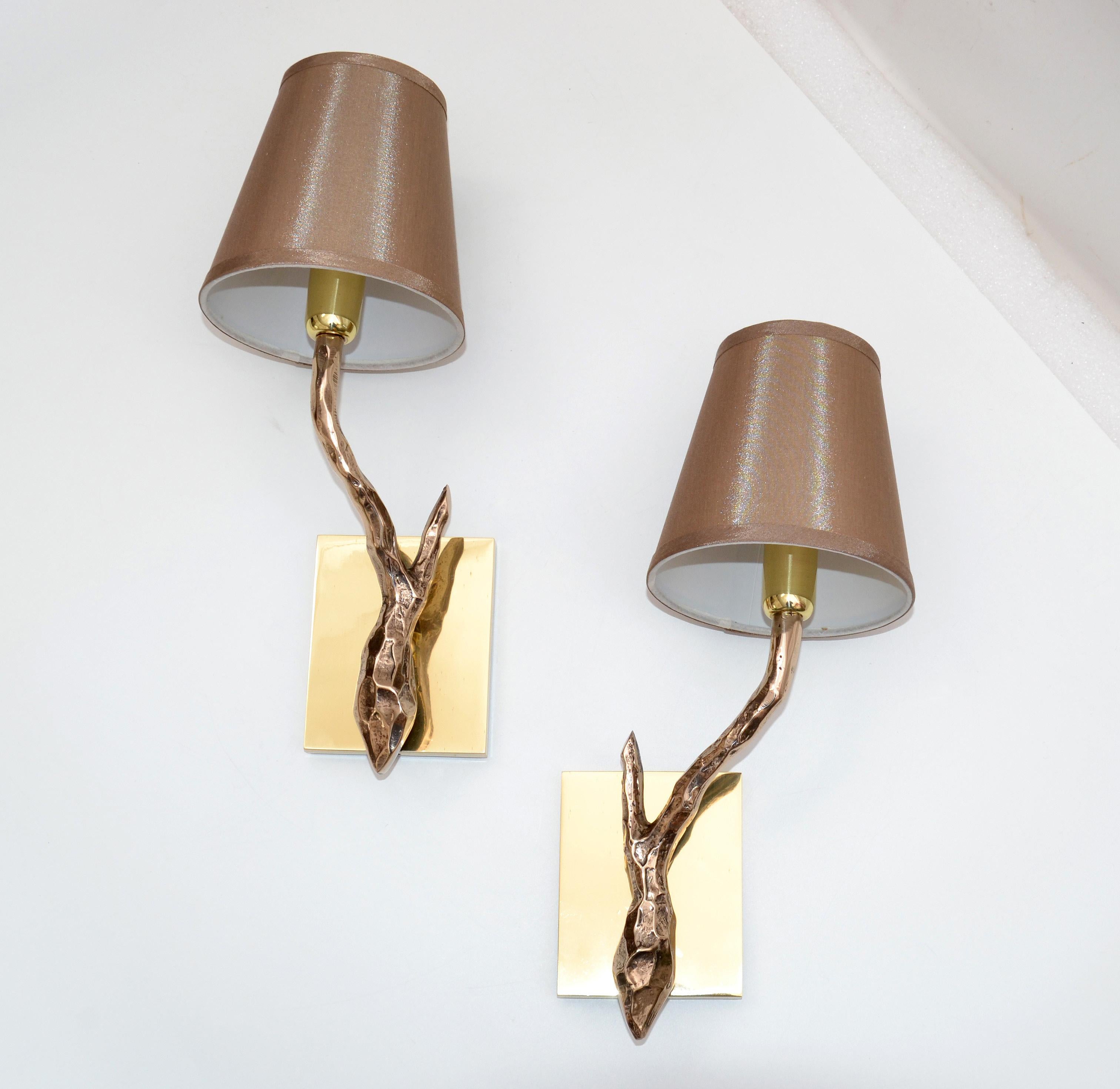 French Pair of Agostini Style Sconces Bronze with Gold Metallic Shades, France, 1950s For Sale