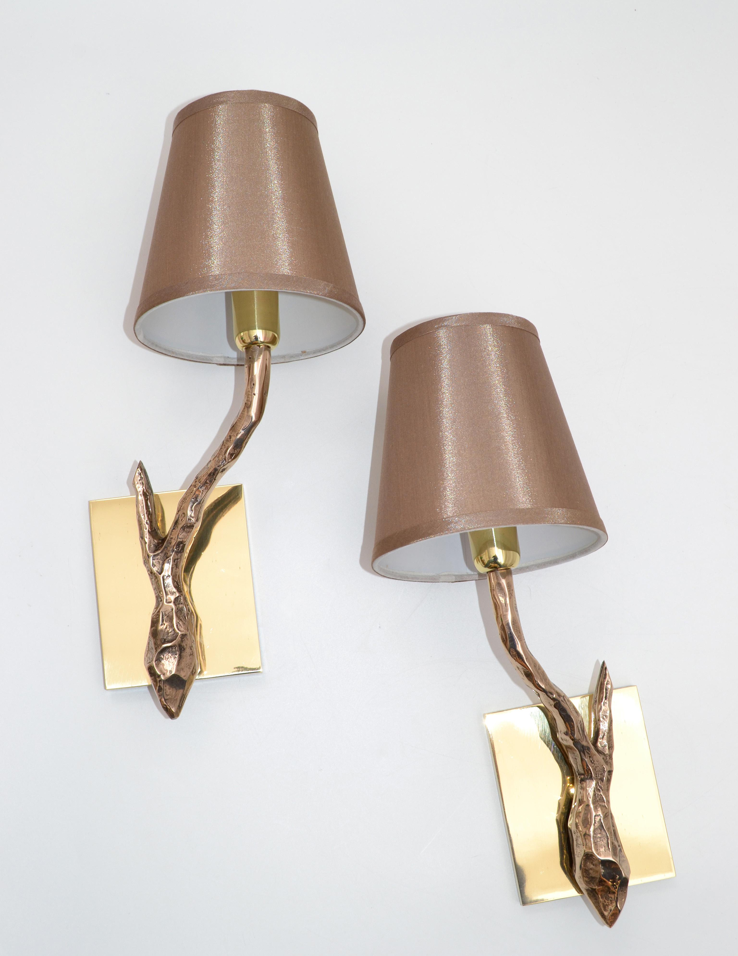 Polished Pair of Agostini Style Sconces Bronze with Gold Metallic Shades, France, 1950s For Sale