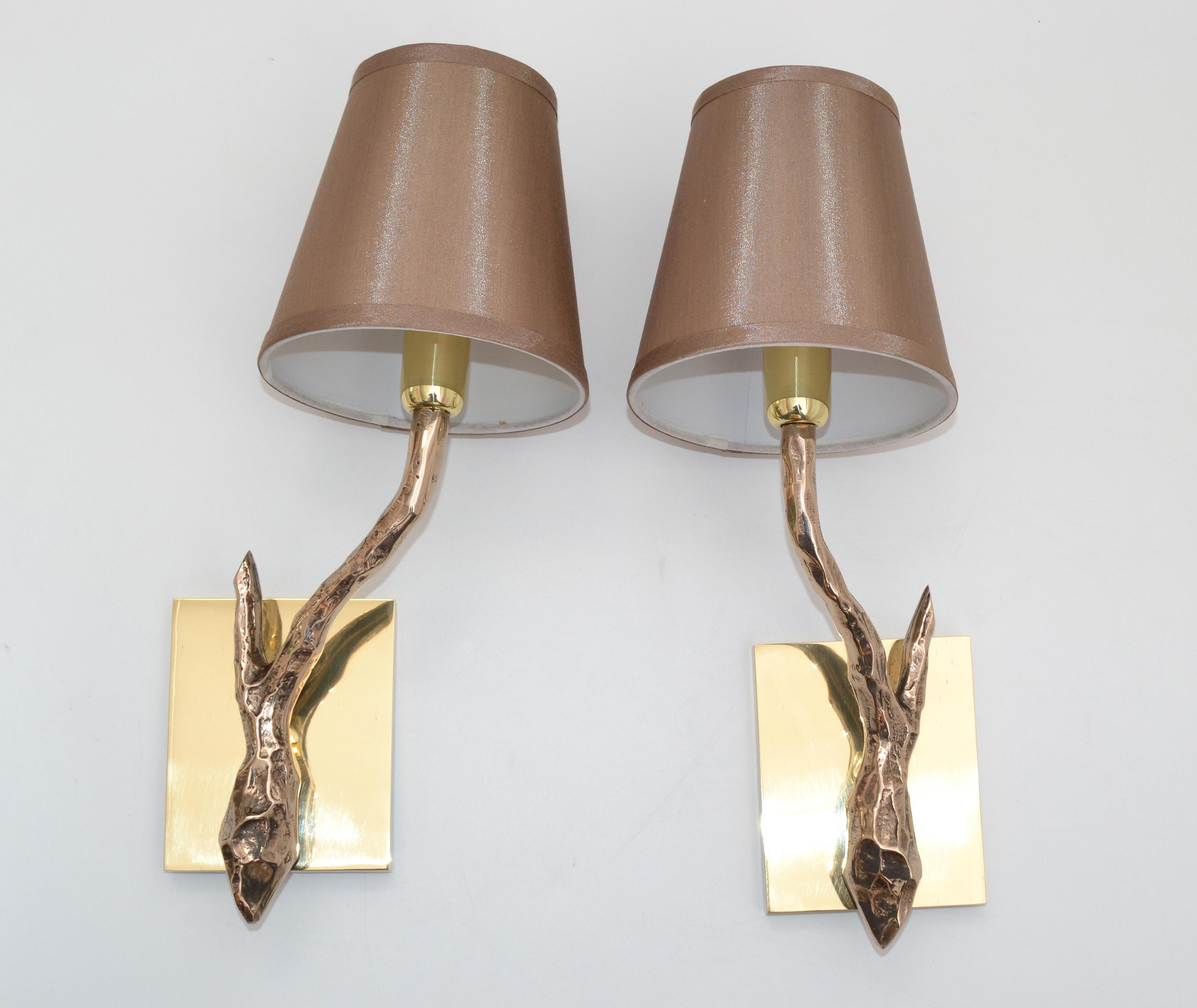Pair of Agostini Style Sconces Bronze with Gold Metallic Shades, France, 1950s In Good Condition For Sale In Miami, FL