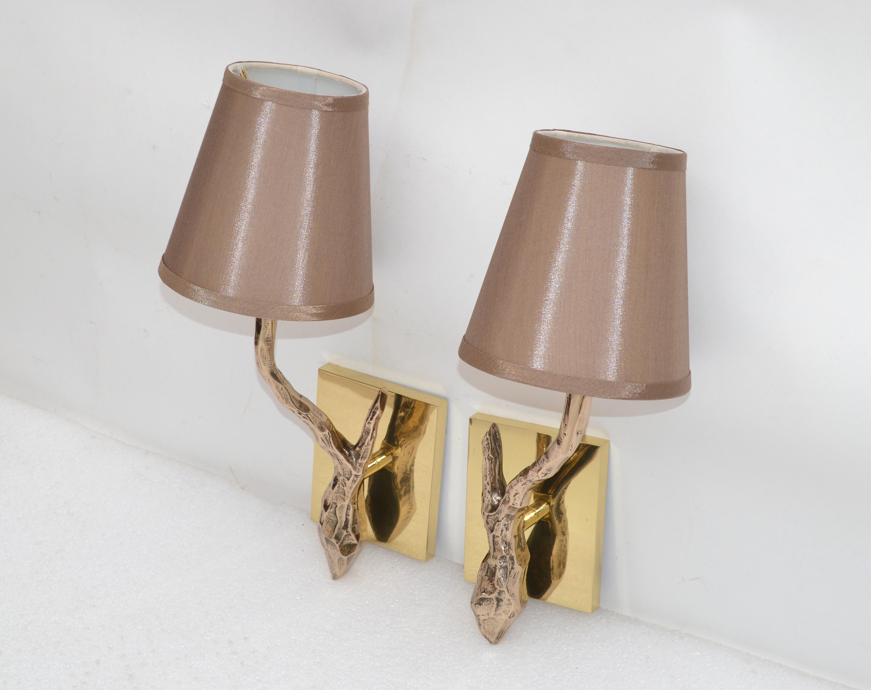 Mid-20th Century Pair of Agostini Style Sconces Bronze with Gold Metallic Shades, France, 1950s For Sale