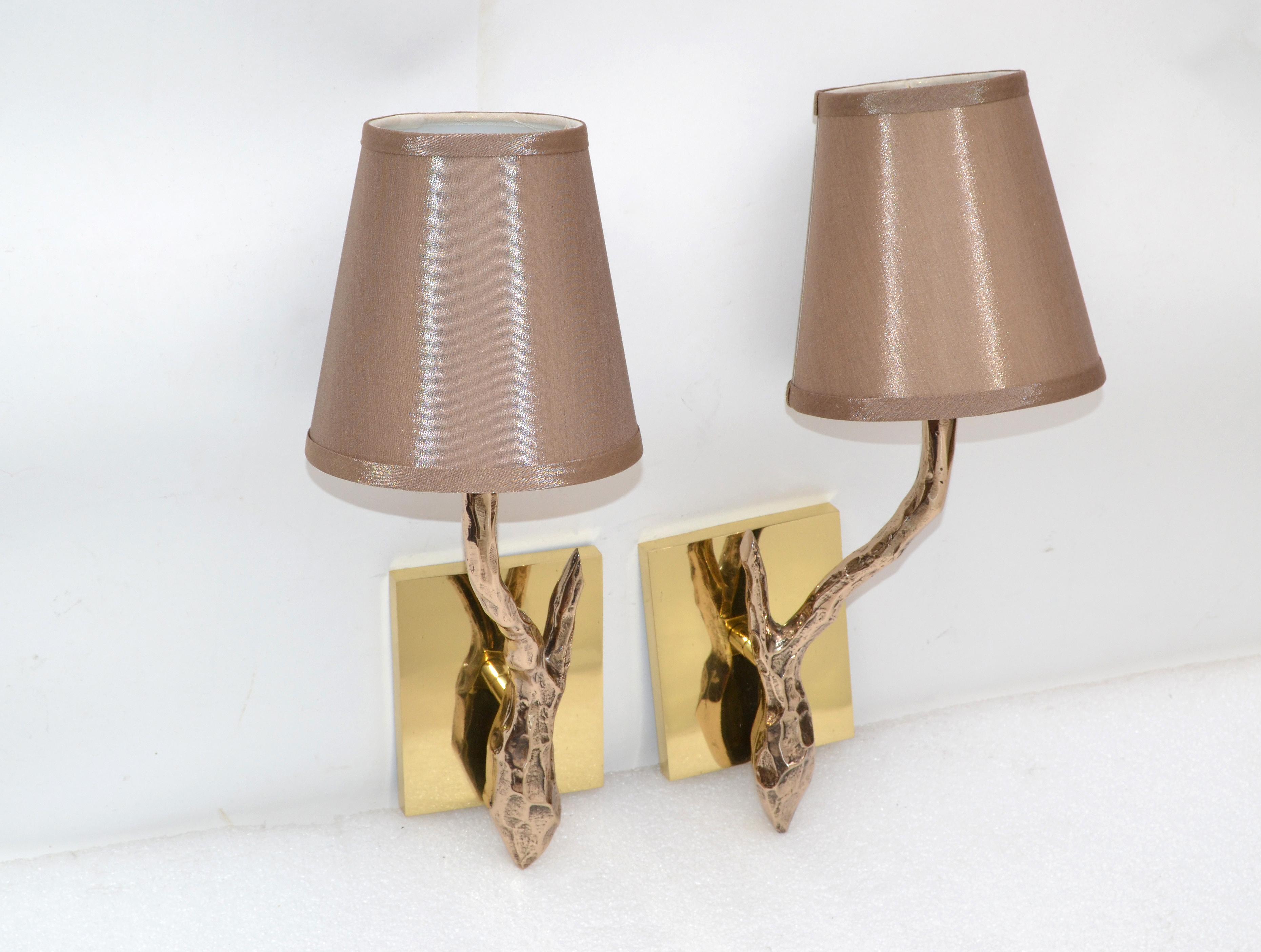 Pair of Agostini Style Sconces Bronze with Gold Metallic Shades, France, 1950s For Sale 1
