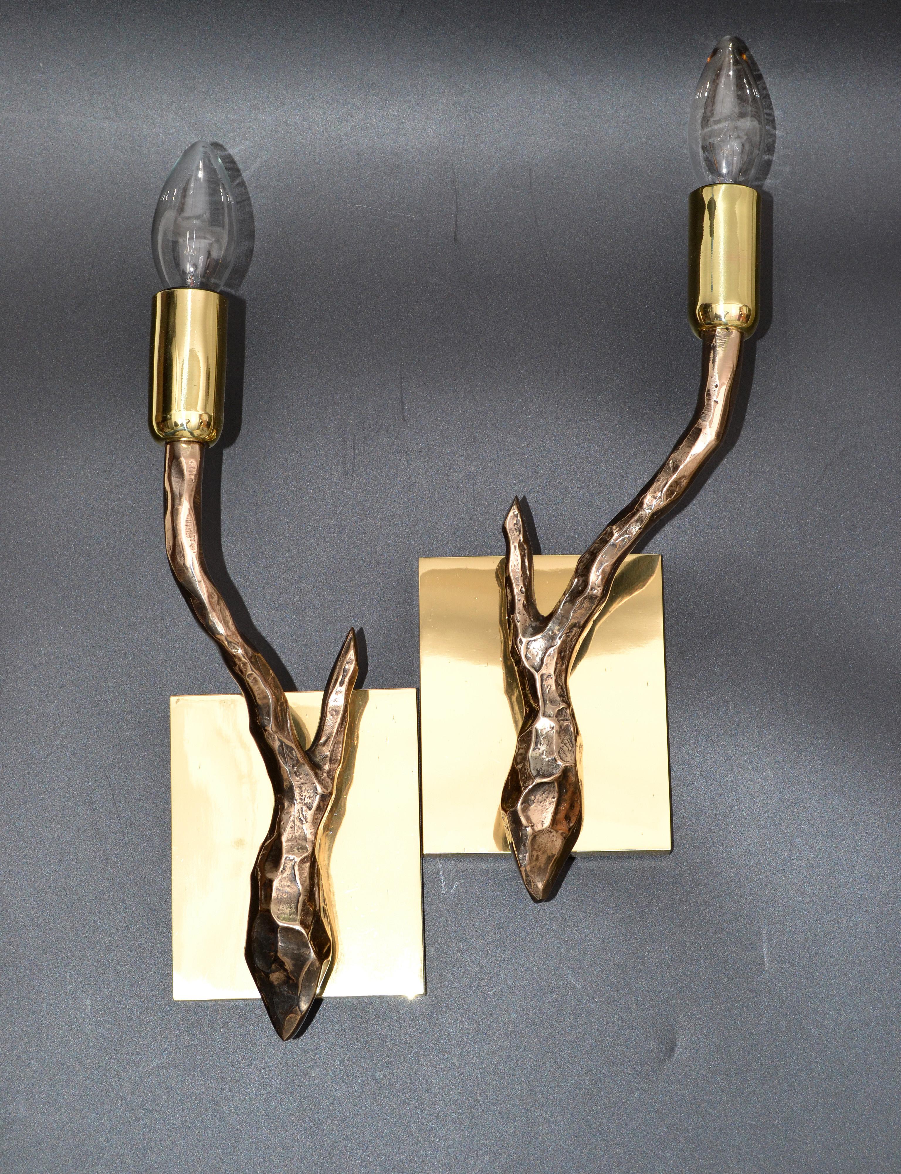 Pair of Agostini Style Sconces Bronze with Gold Metallic Shades, France, 1950s For Sale 2