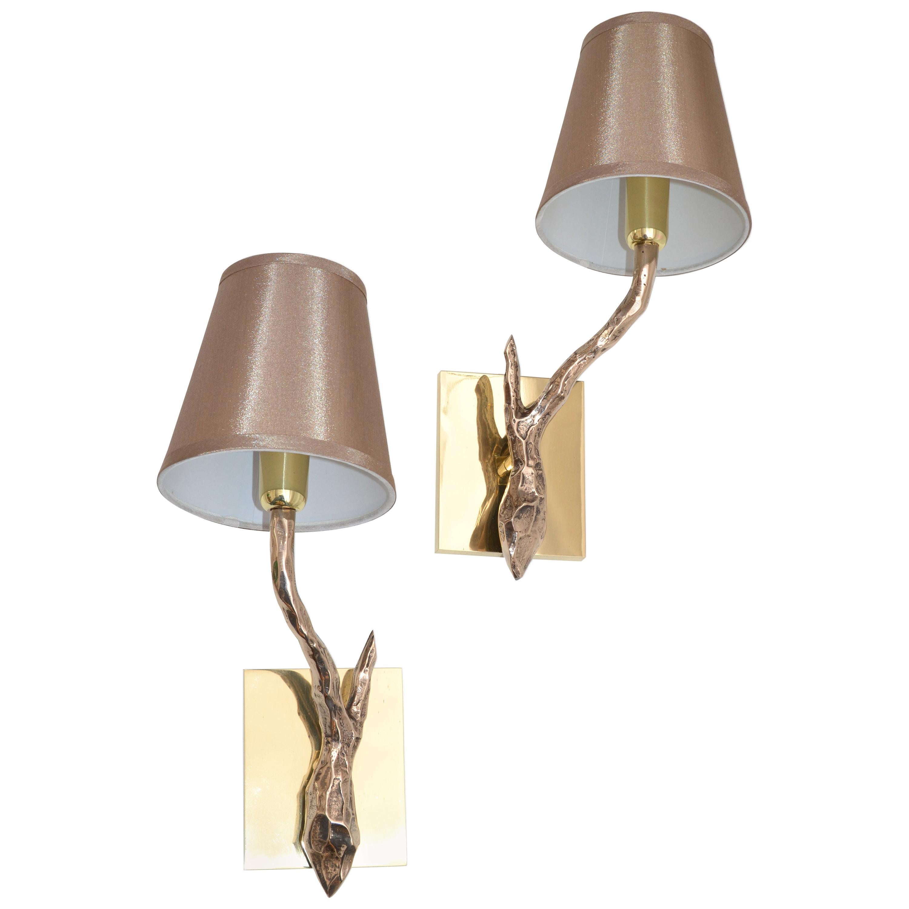 Pair of Agostini Style Sconces Bronze with Gold Metallic Shades, France, 1950s