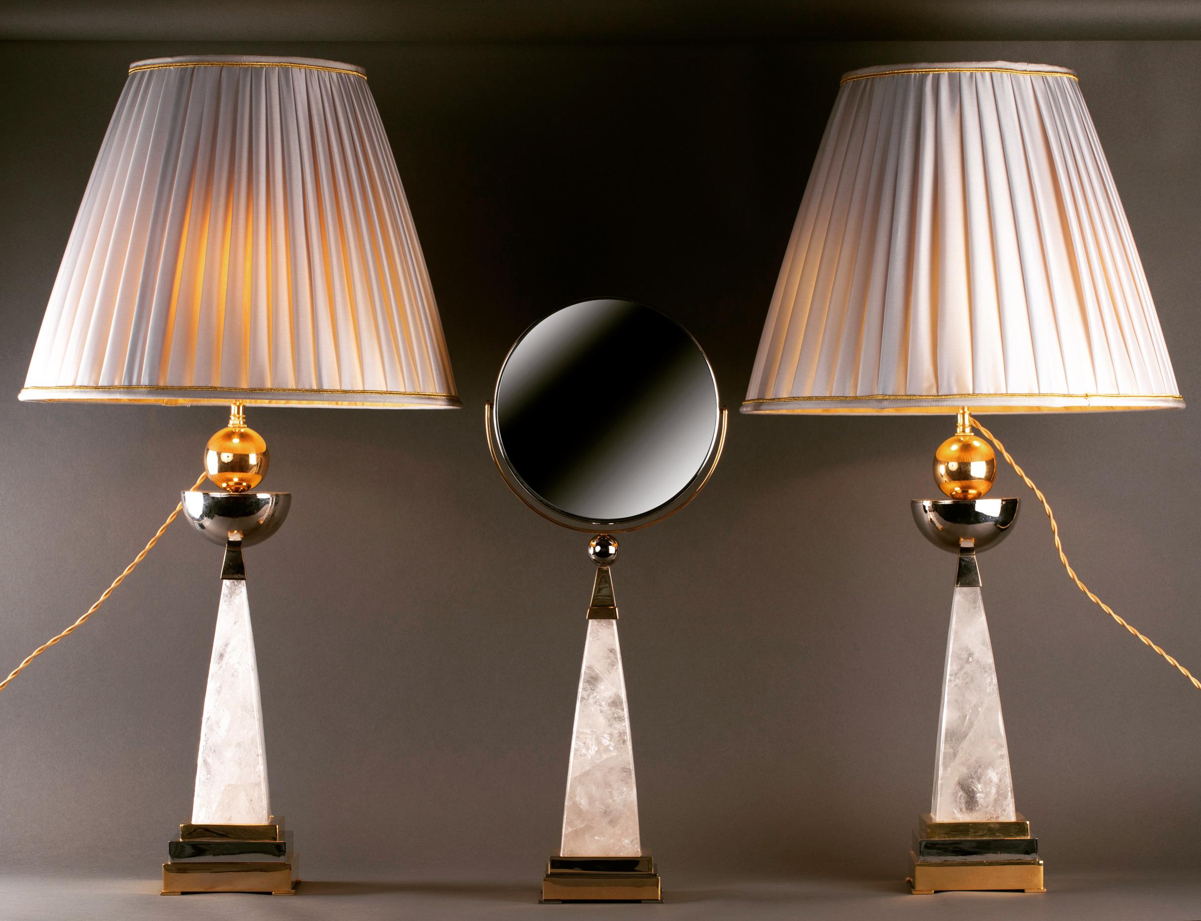 Gold Plate Pair of Aiko 1 Rock Crystal Lamps by Alexandre Vossion For Sale
