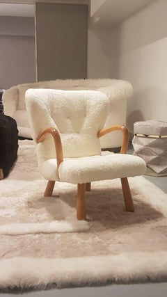 Pair of AKE “Clam” Chairs, 1954, IKEA, Curly Lambskin Upholstery