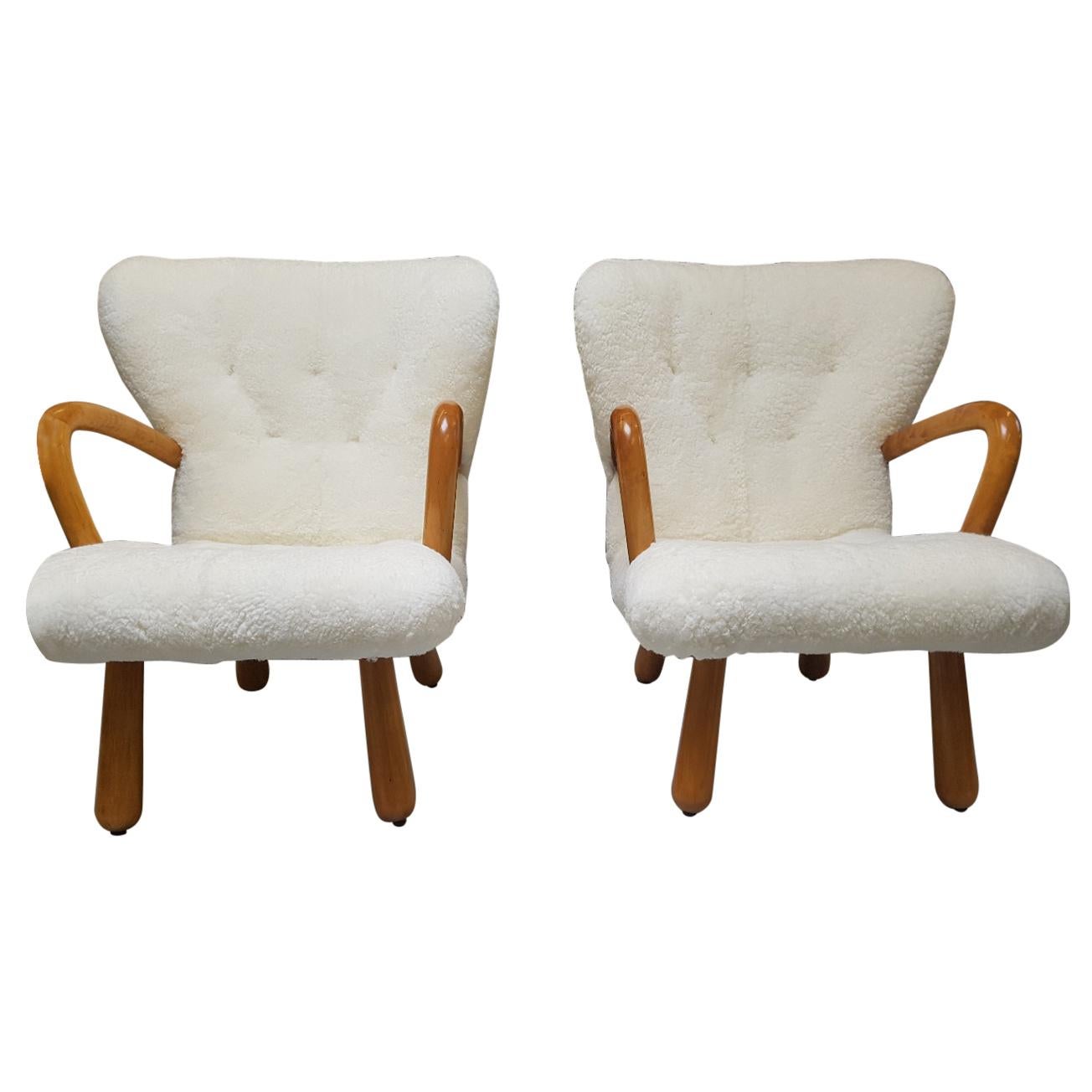Pair of AKE “Clam” Chairs, 1954, IKEA, Curly Lambskin Upholstery