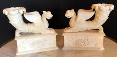 Pair of Alabaster 19th Century Seated Sphinxes on Pedestals Bookends or Statues