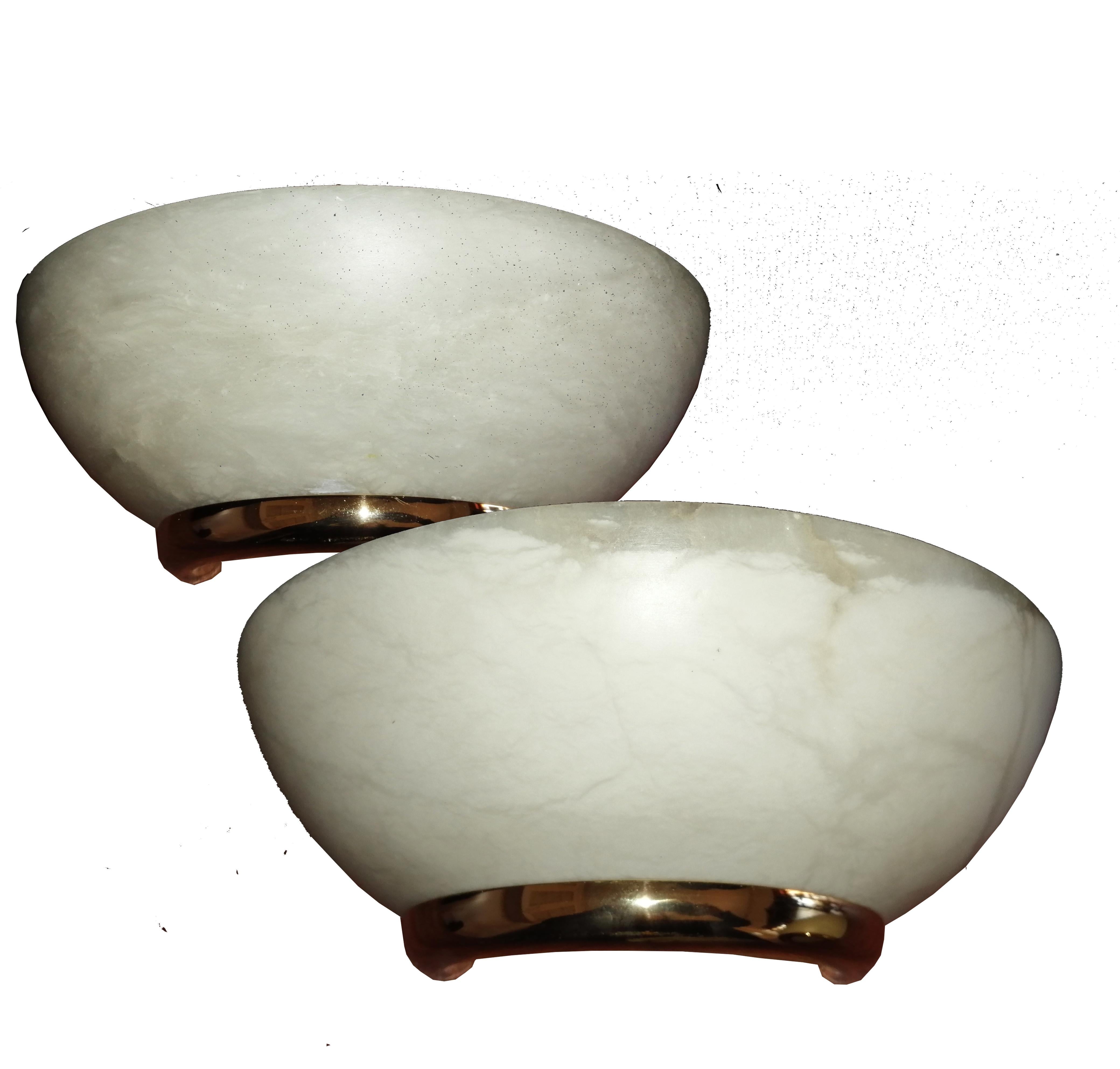 Spanish Pair  Wall Sconces Natural Alabaster and  Brass  Minimalist  Spain 20th Century  For Sale