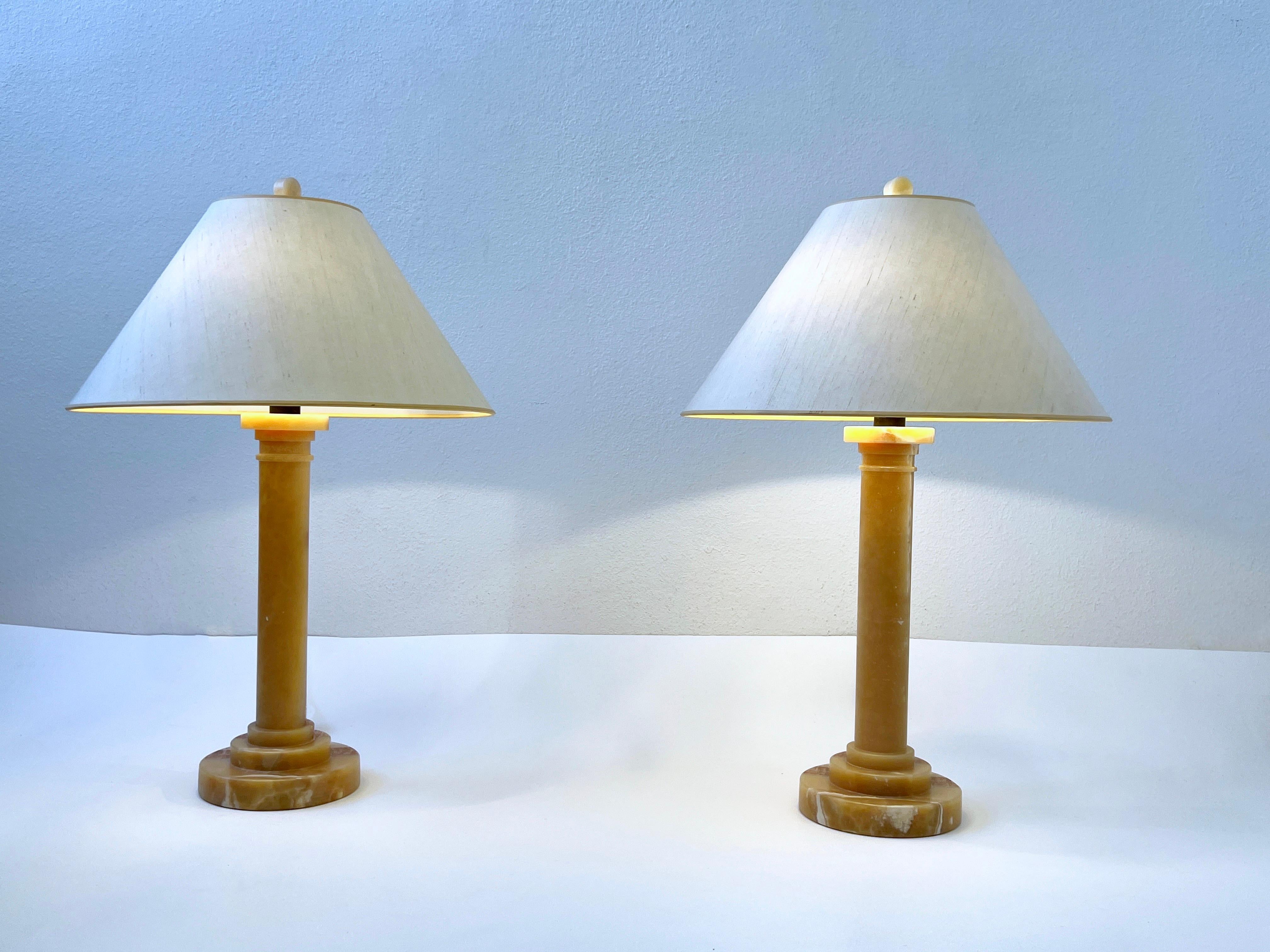 Pair of Alabaster and Bronze Column Table Lamps by Donghia 5