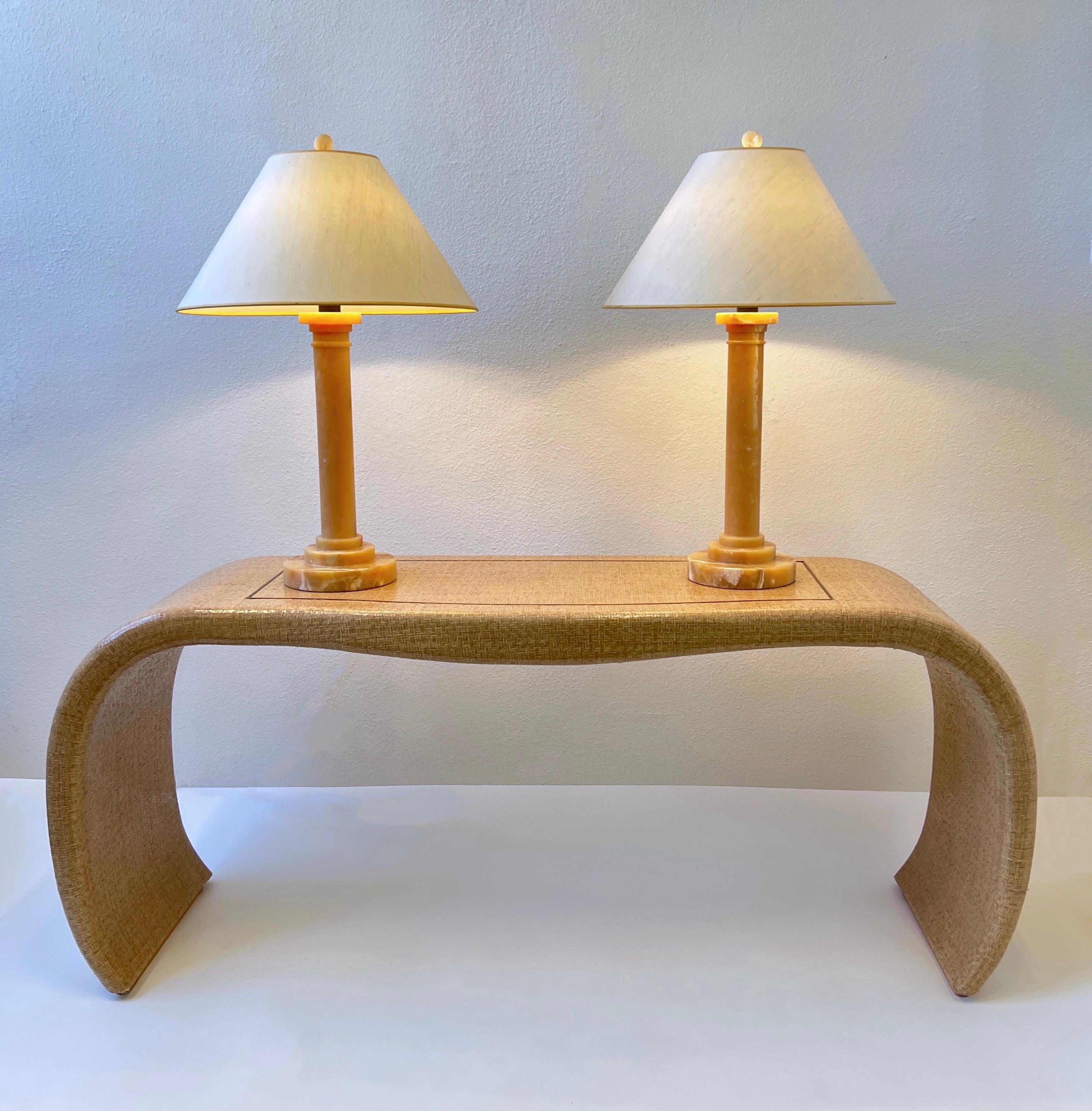 Pair of Alabaster and Bronze Column Table Lamps by Donghia 6